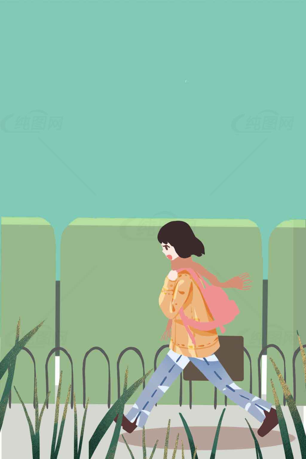 清新插画风格女孩漫步街头图片素材