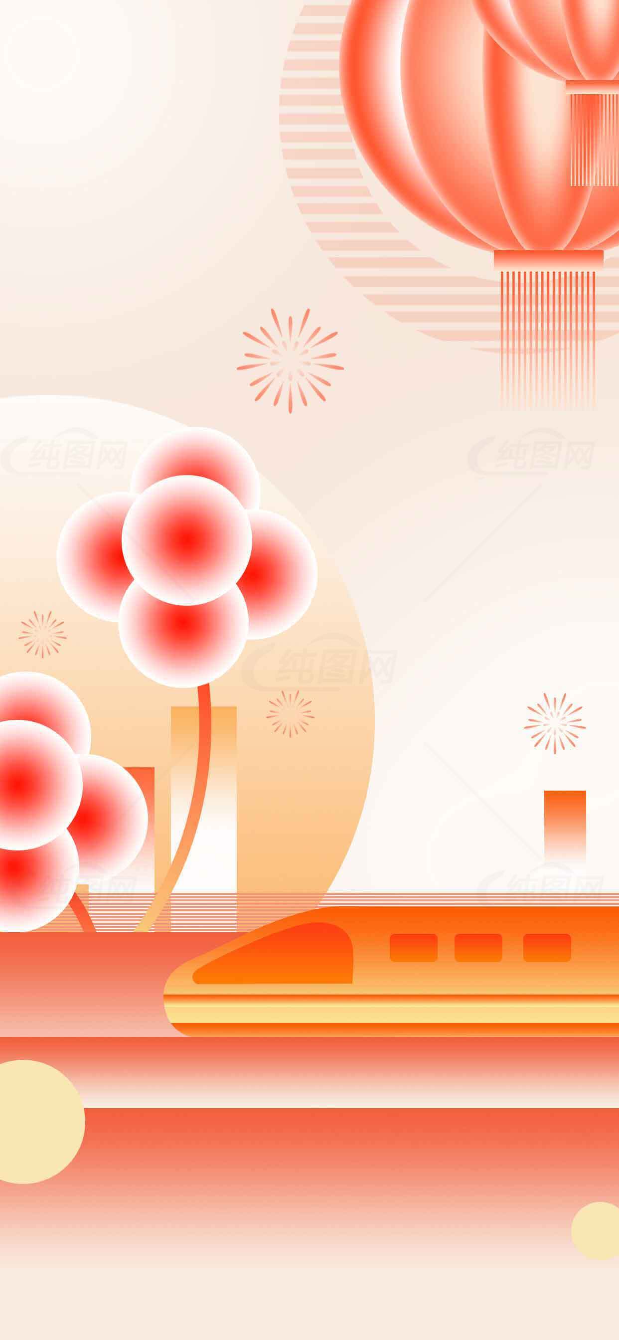 现代高铁与中国风插画设计素材