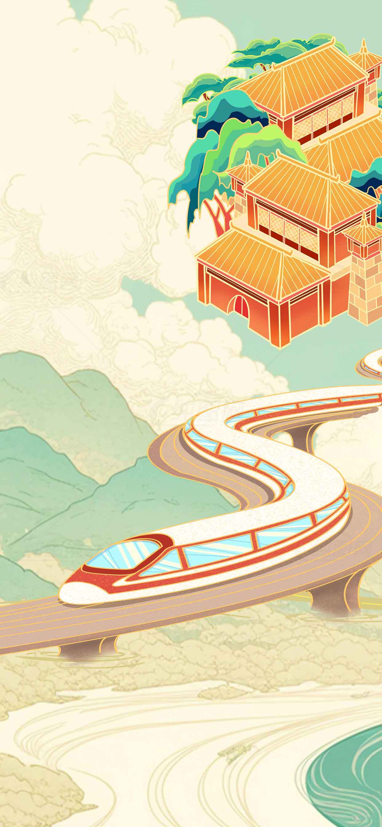 高速铁路与传统建筑的唯美插画设计素材