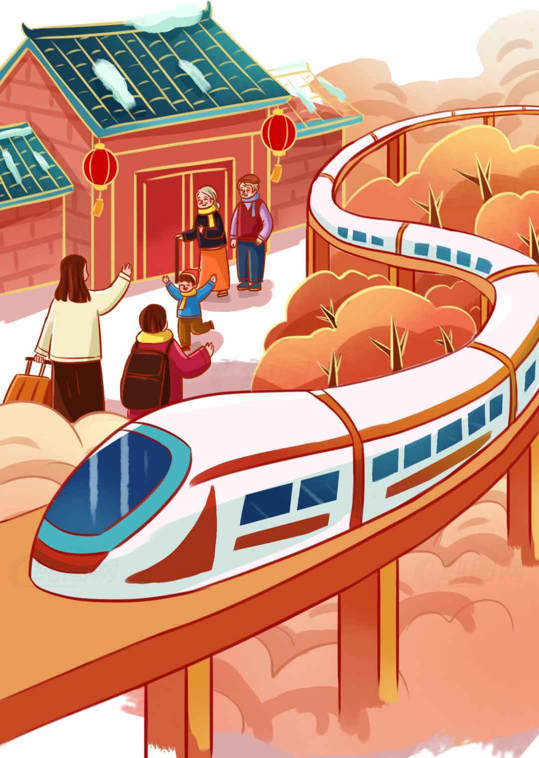 高铁回家过年插画：团圆与现代交通的结合素材