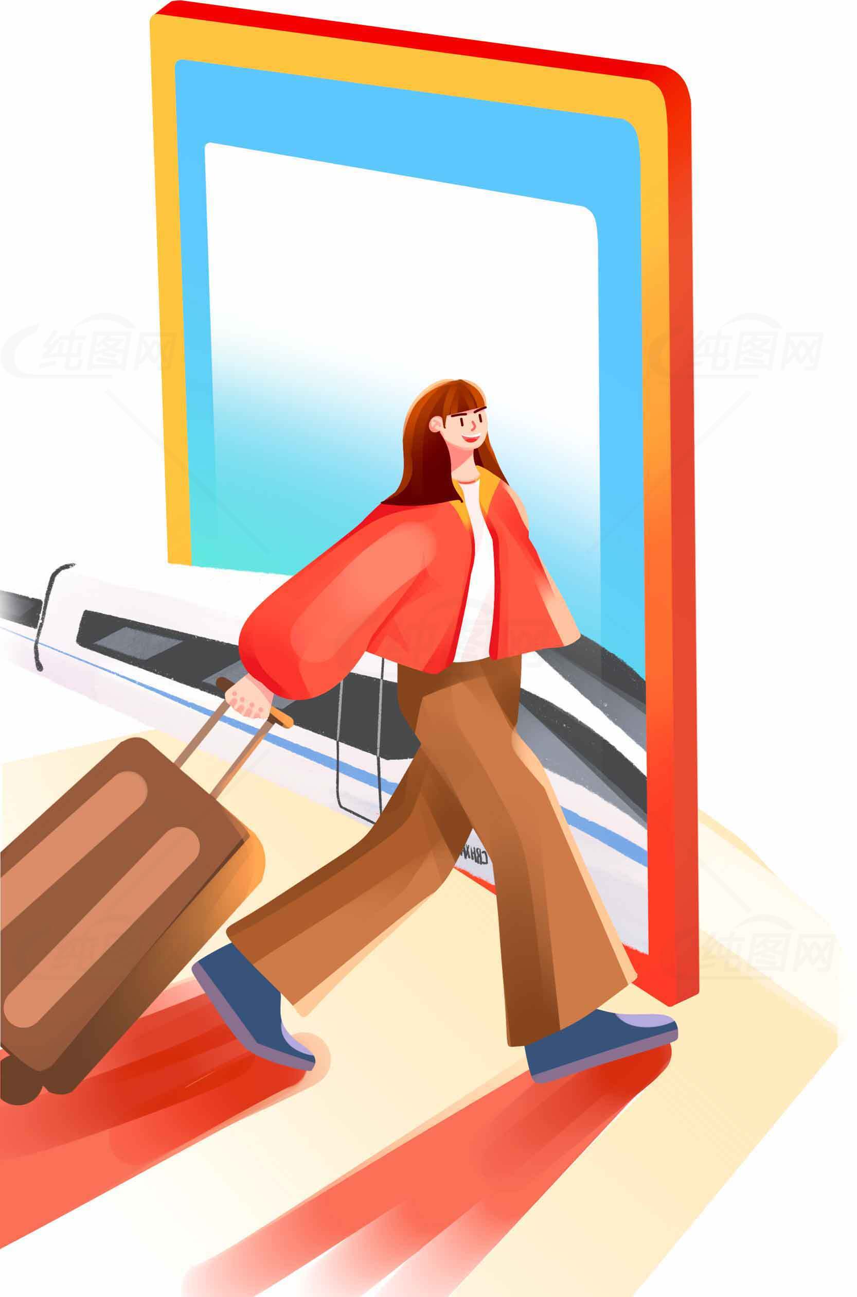 时尚旅行者穿越未来科技门的插画设计素材