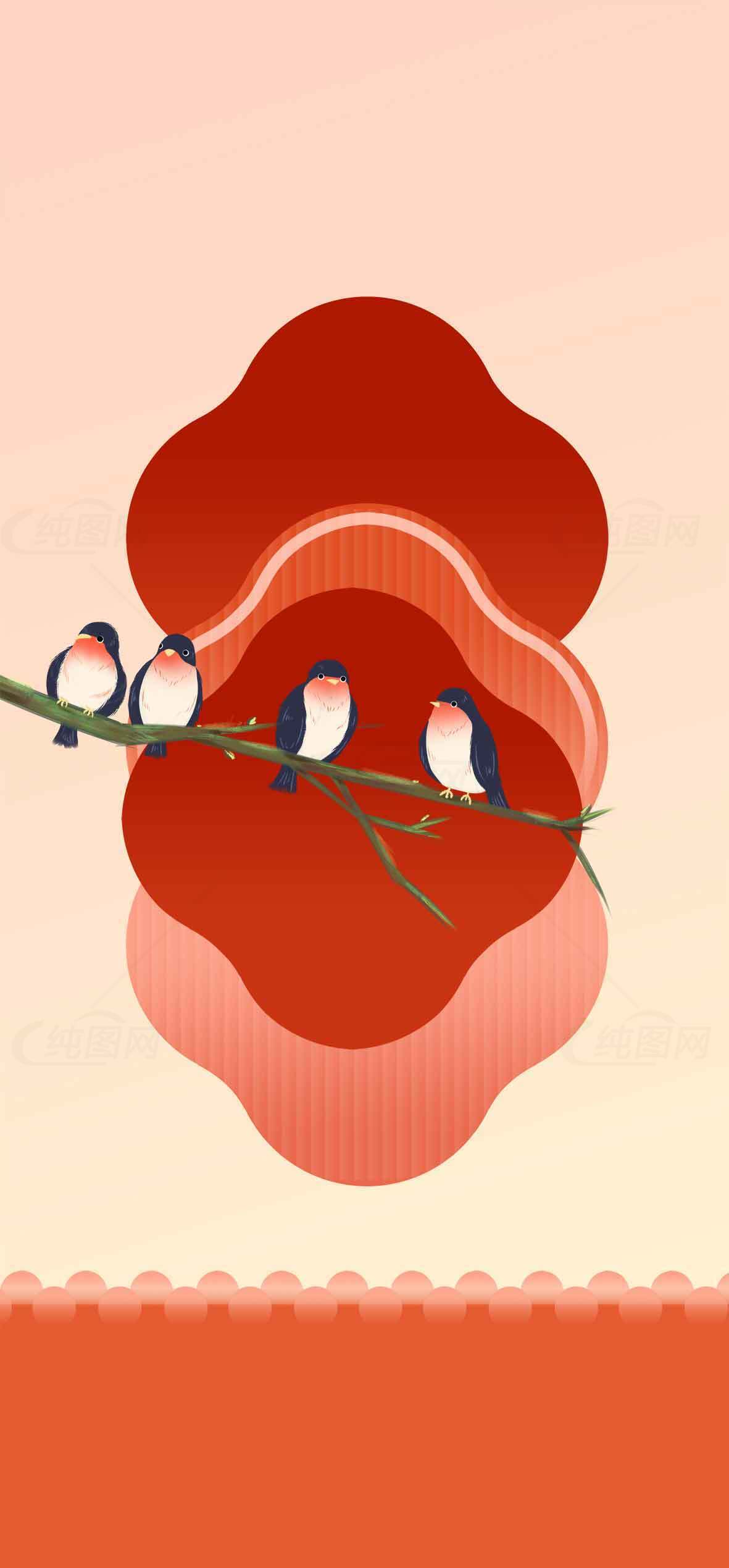 春日燕子与红色艺术背景插画素材