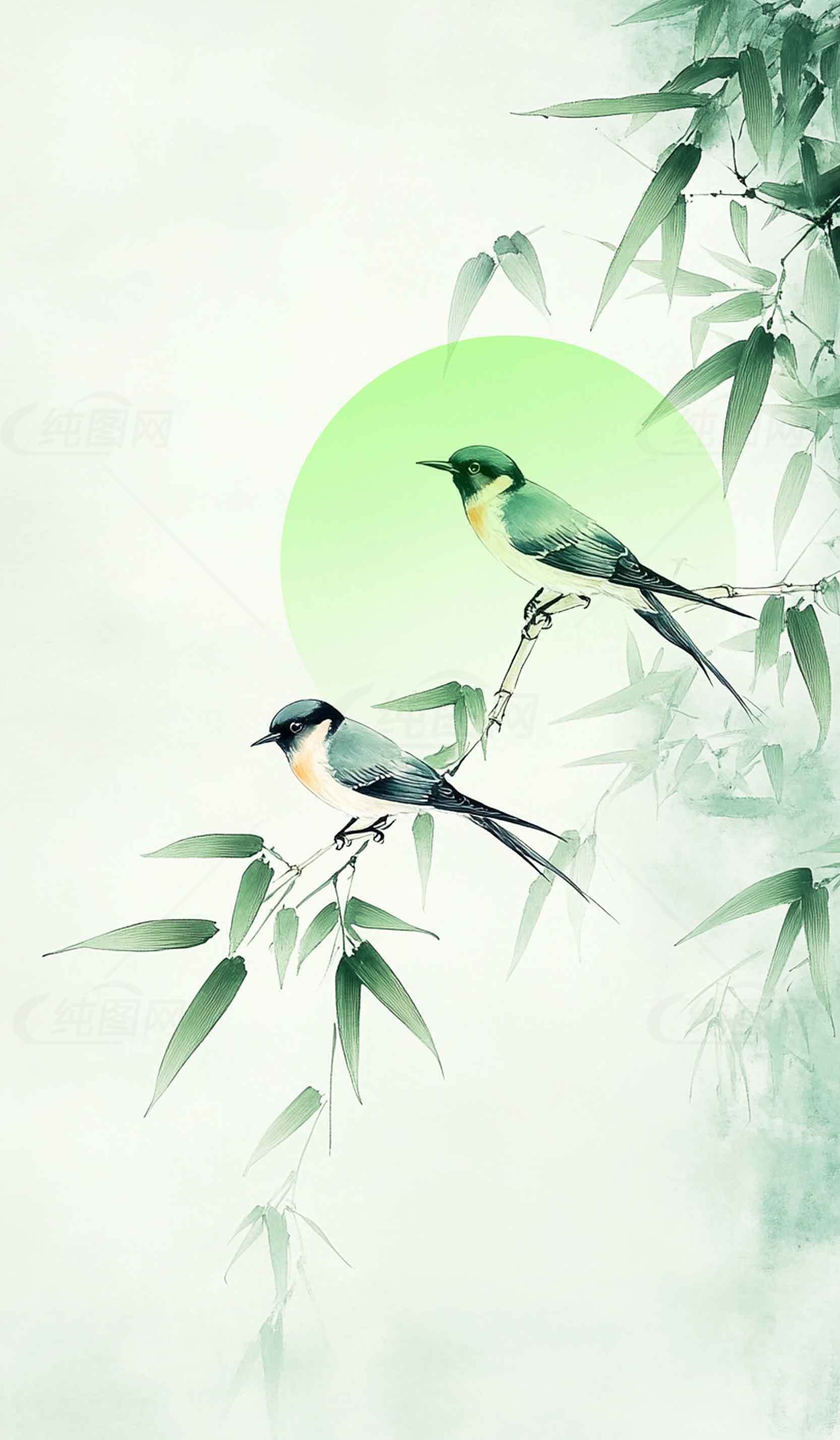 国风水墨竹林与鸟的唯美意境插画素材