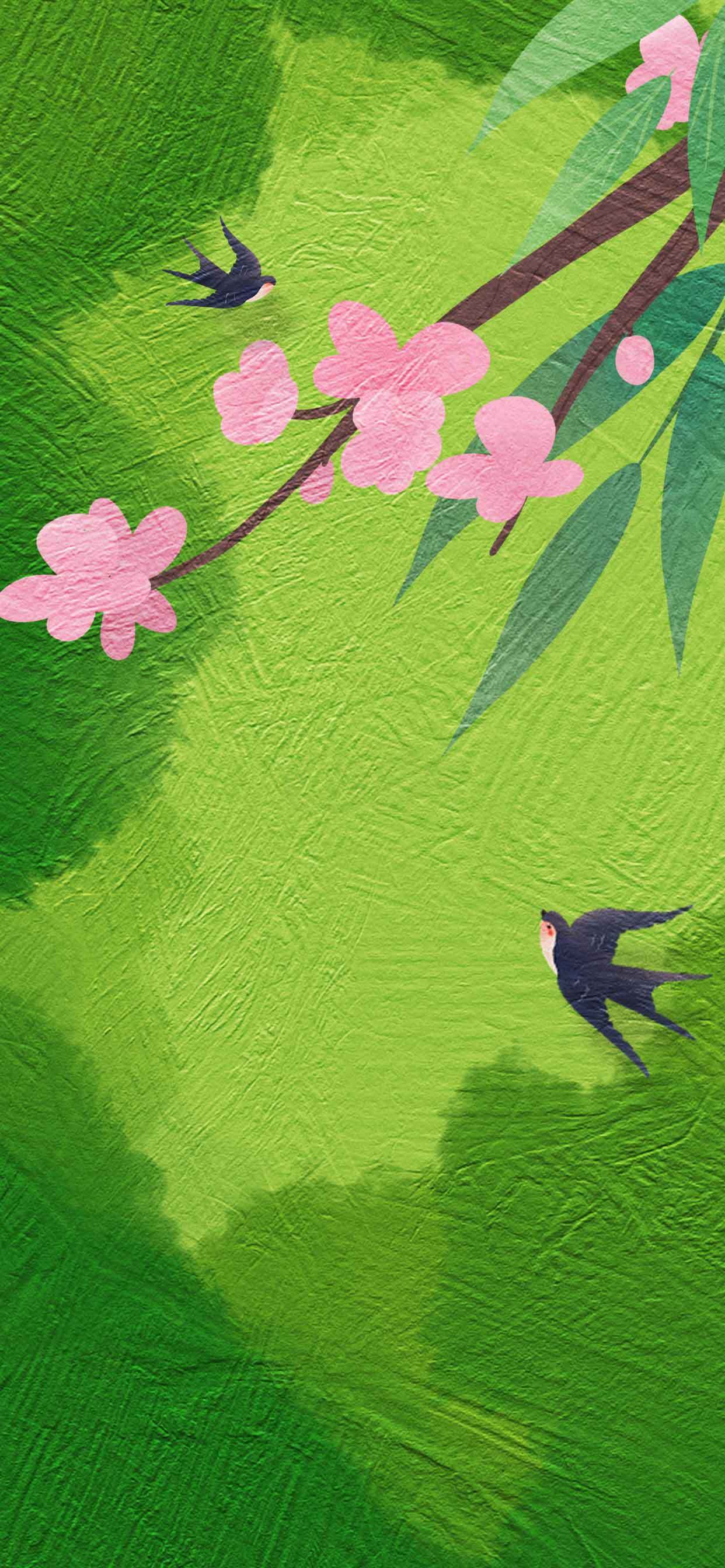 春日桃花与飞燕插画背景素材