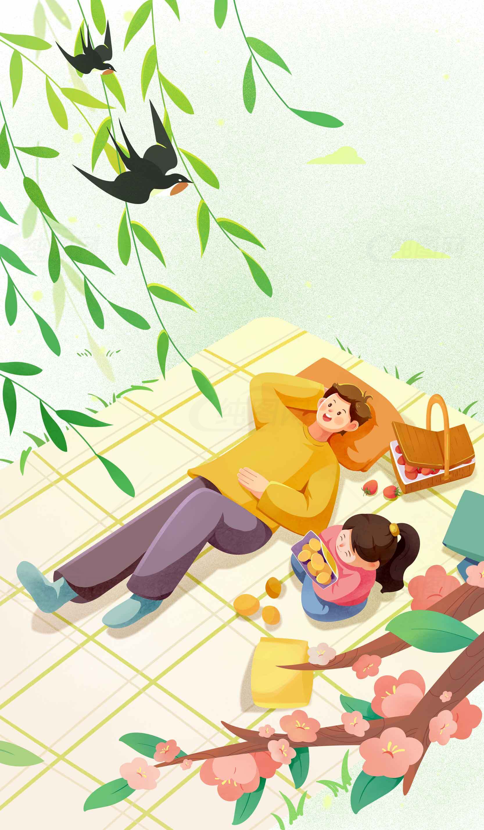 春日亲子时光插画：父女户外野餐场景素材