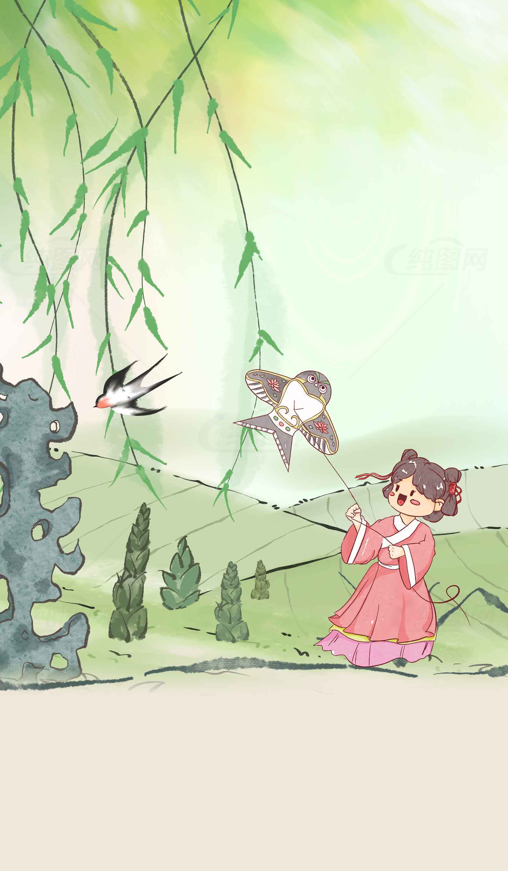 春日柳树下的童趣插画素材