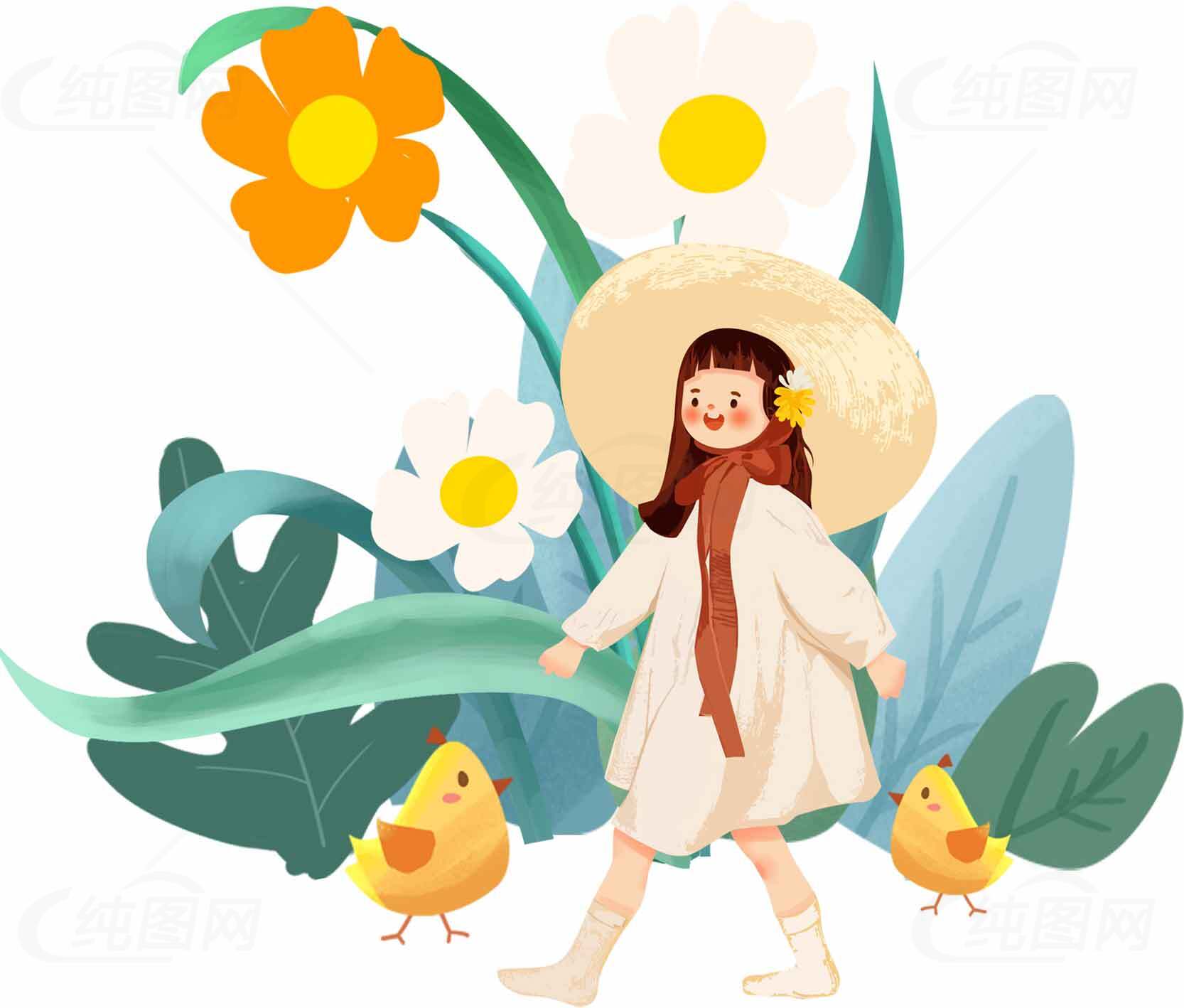 春日田园女孩与小鸡插画素材