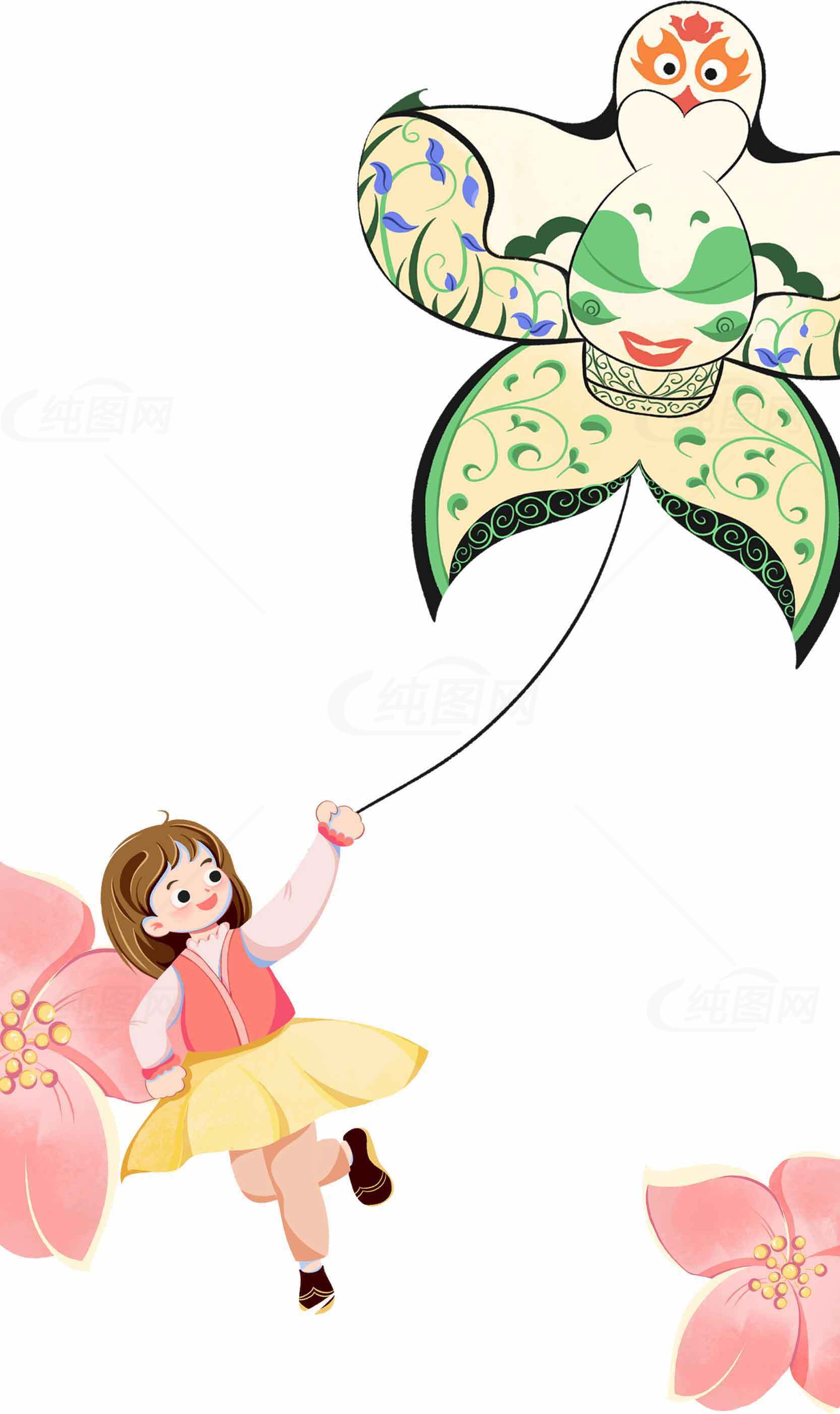 女孩放风筝的卡通插画图片素材