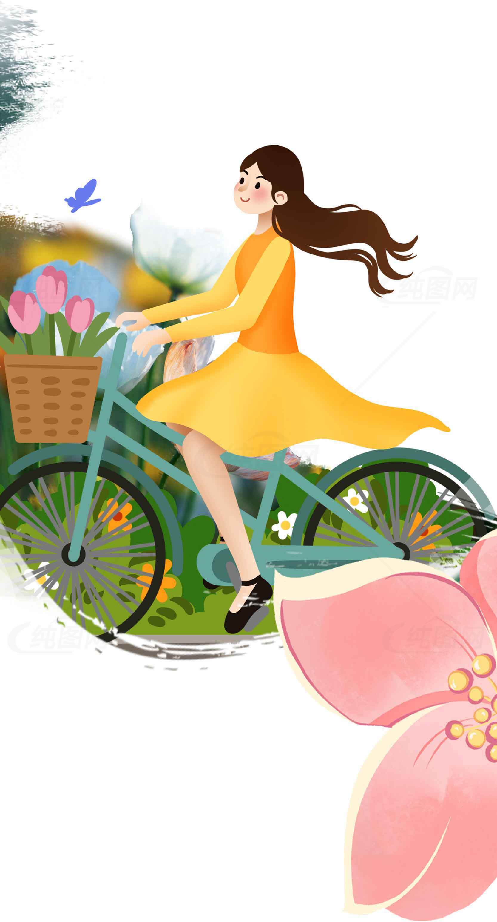 春日骑行插画：女孩与花篮自行车的唯美场景素材