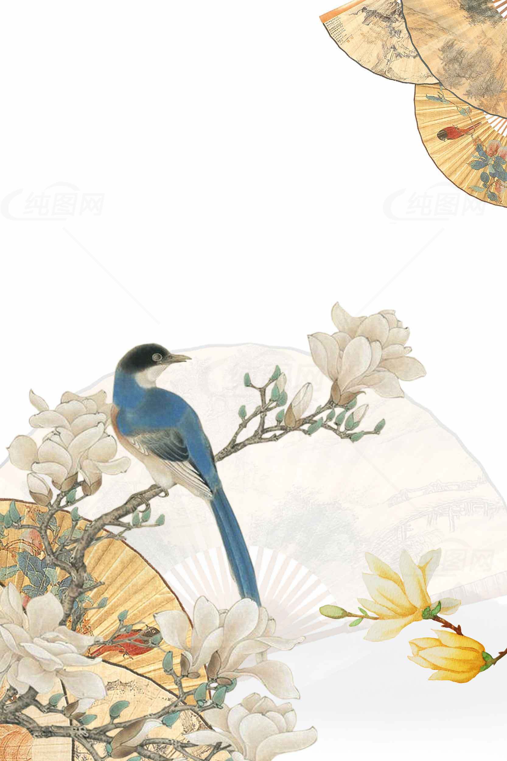 唯美中国风蓝色喜鹊与白玉兰插画背景素材