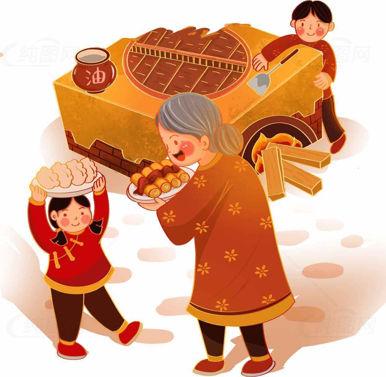 春节传统习俗插画：家庭团聚与美食分享素材