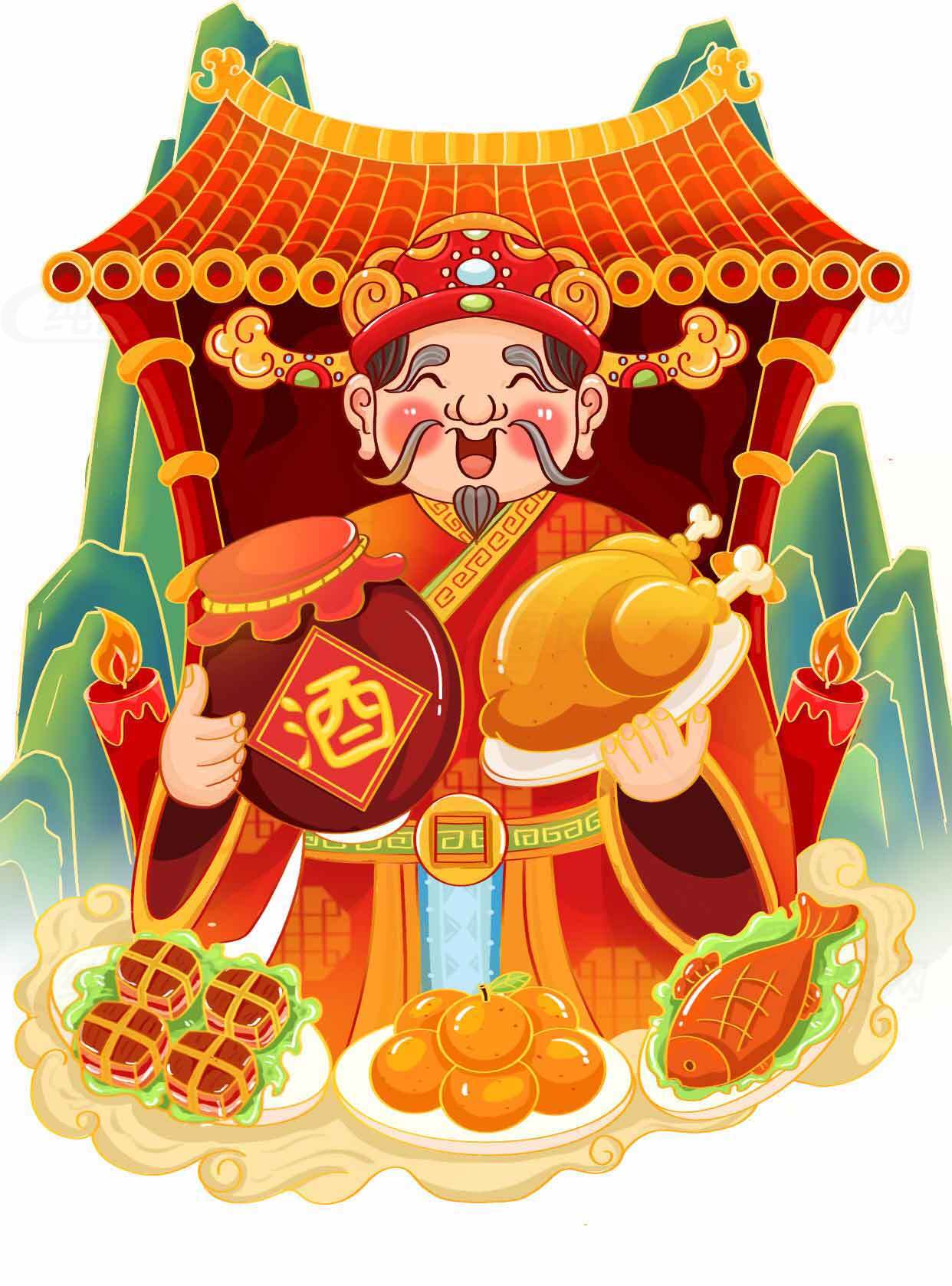财神贺岁插画：传统年味与节庆元素素材