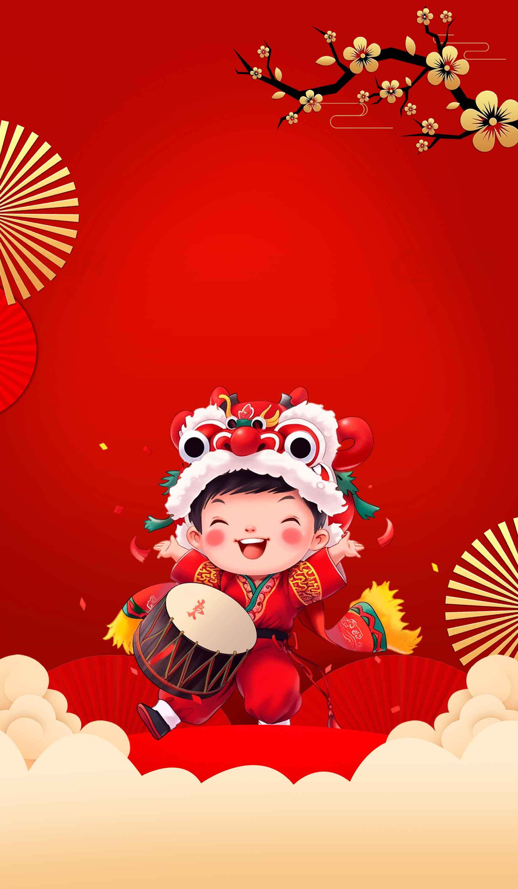 春节喜庆红色背景图片-舞狮小孩庆祝新年素材