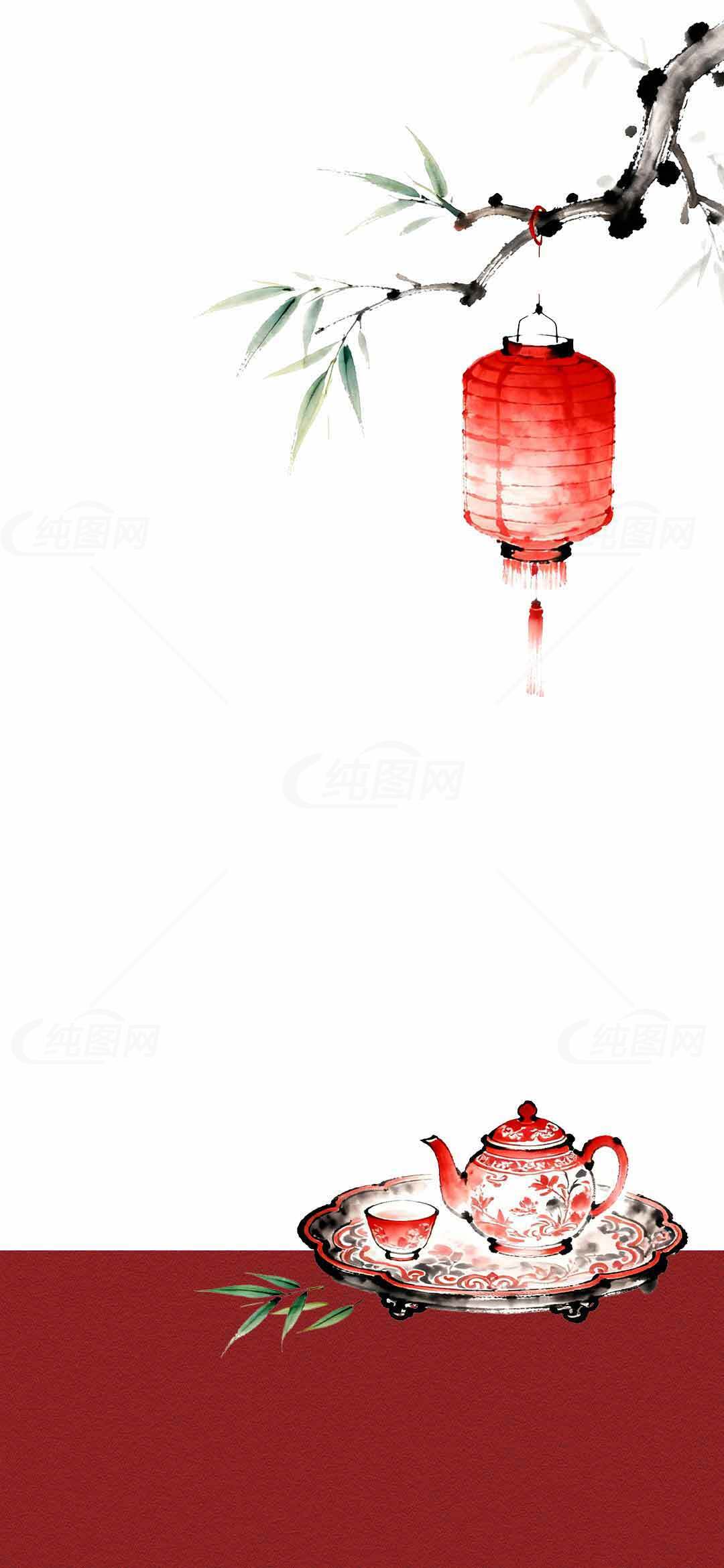 中国风红色茶具与灯笼背景图片素材