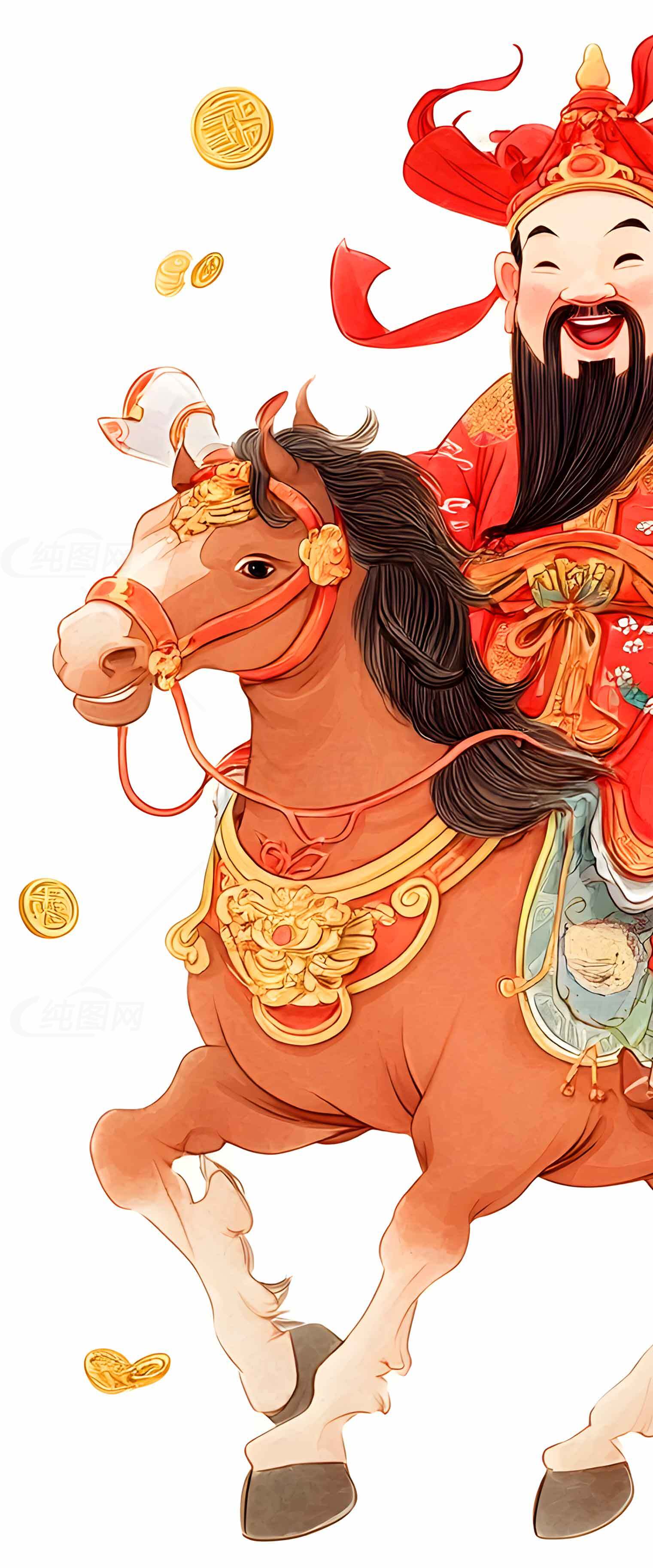 中国传统骑马人物插画：红色与金色的节庆风格素材