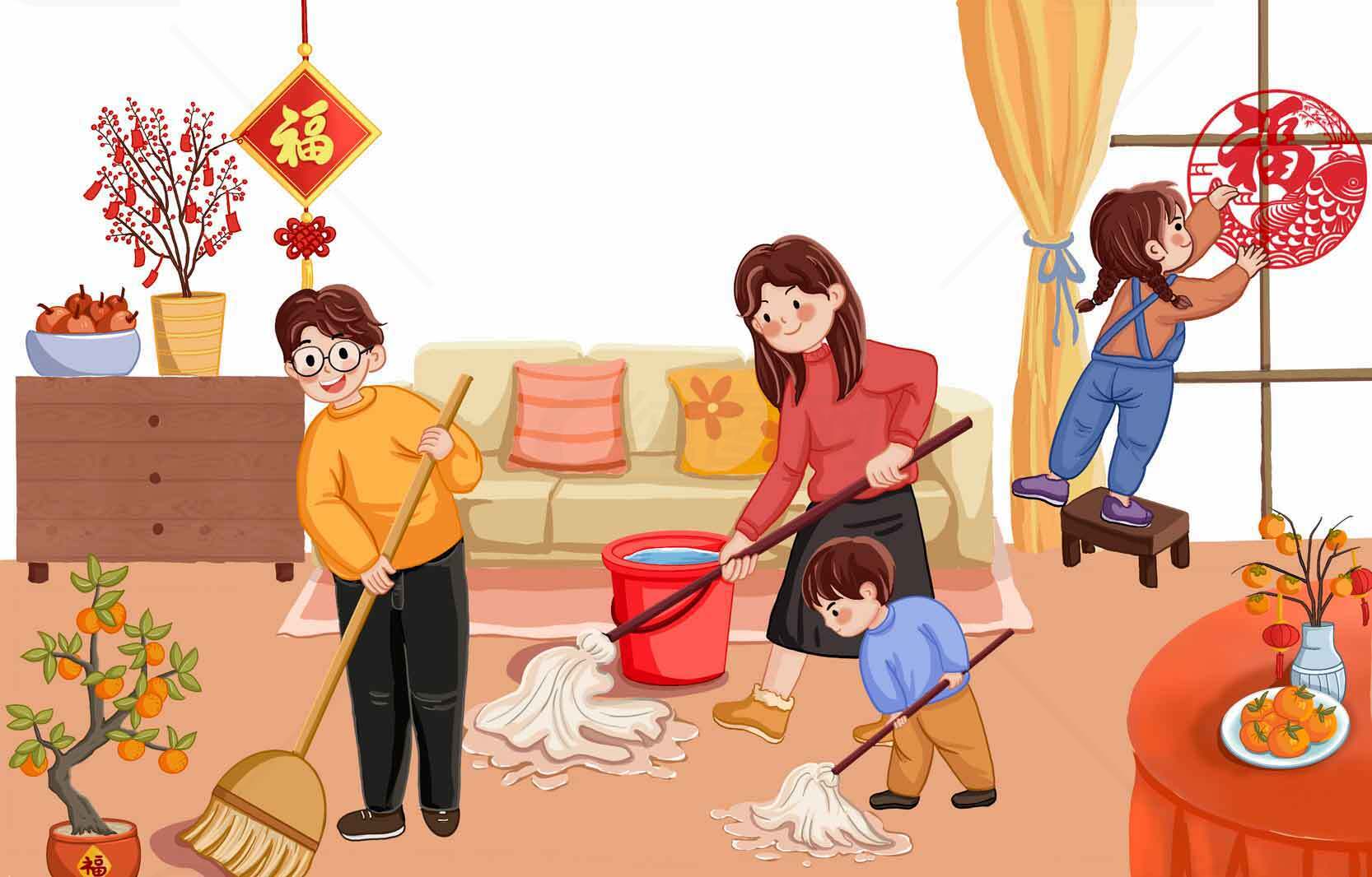 春节家庭大扫除场景插画素材