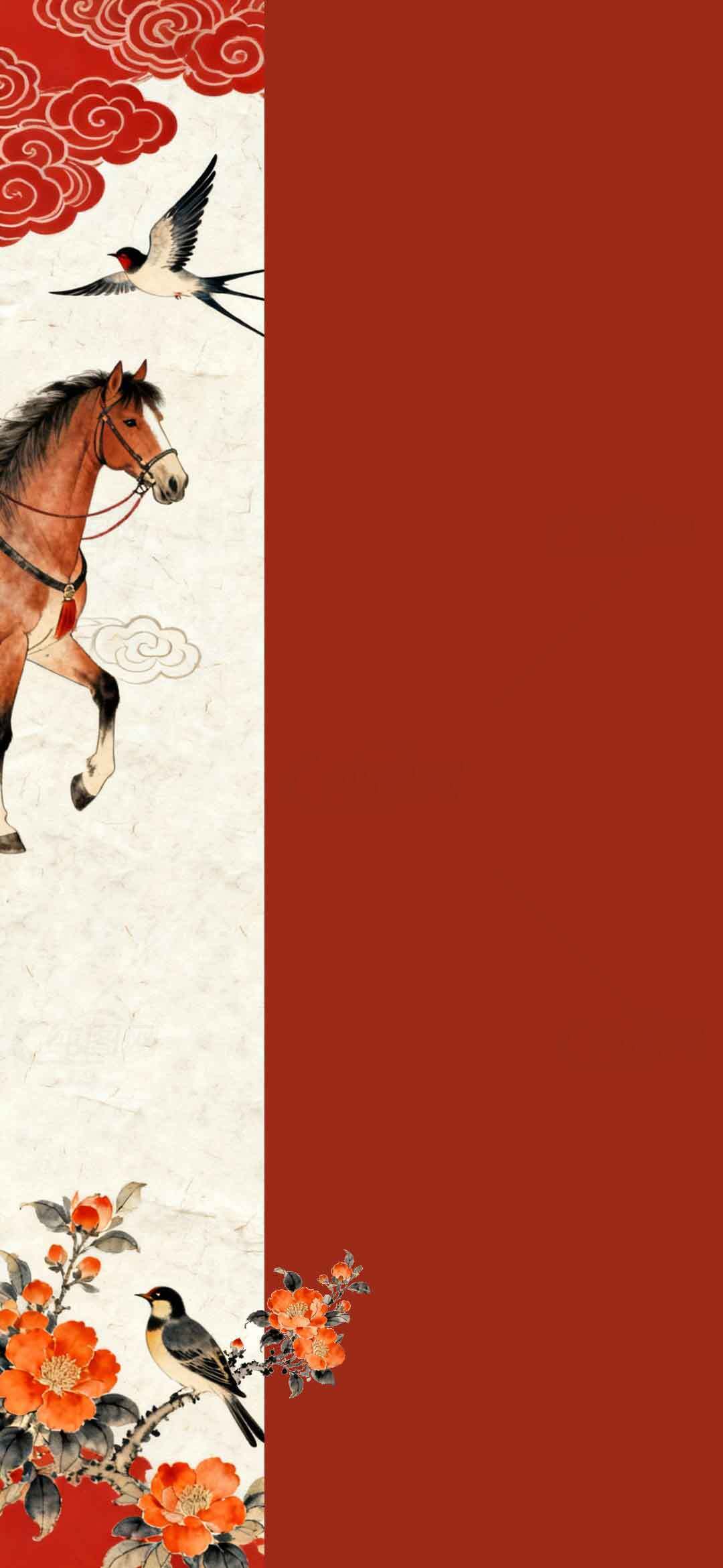 中国风红色背景马与花鸟插画设计素材