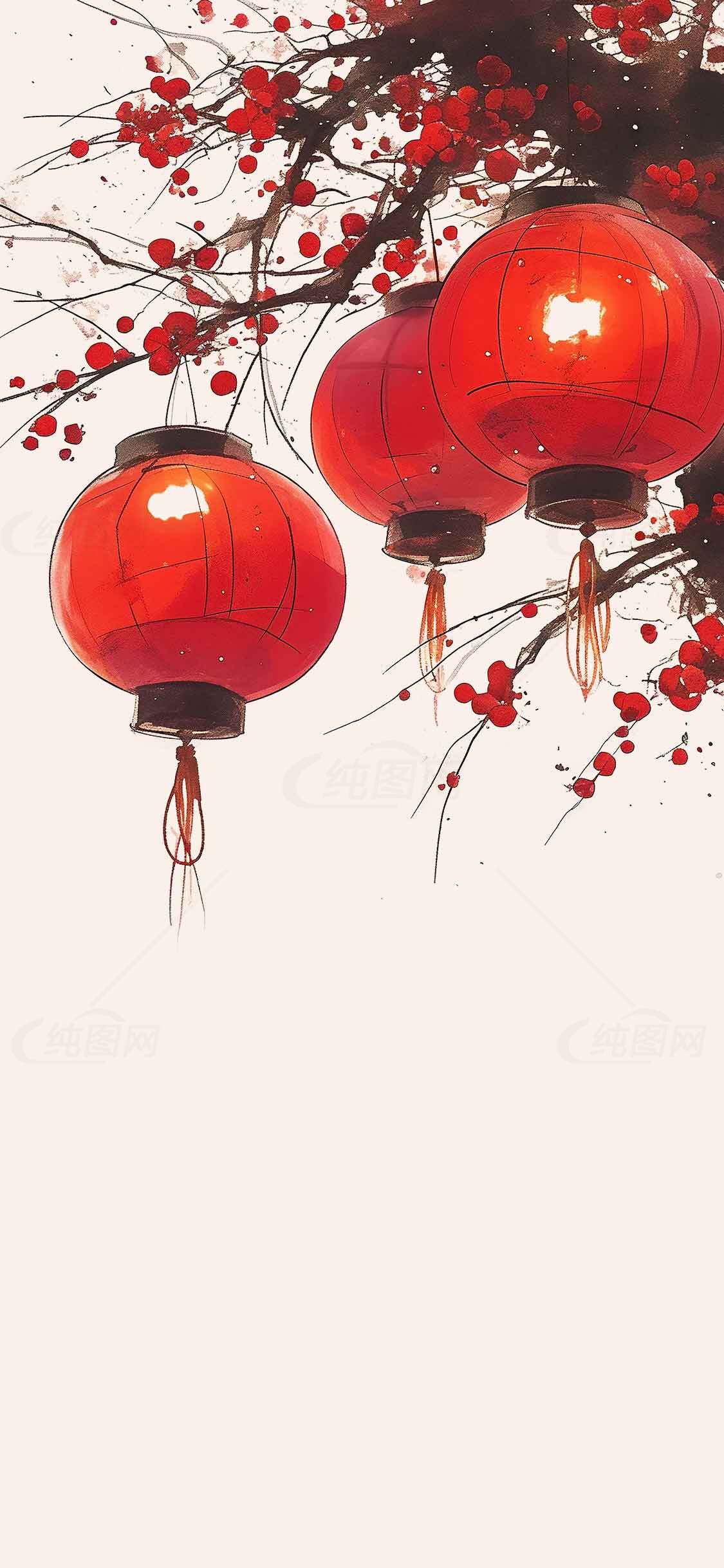 中国传统红灯笼与梅花背景插画素材