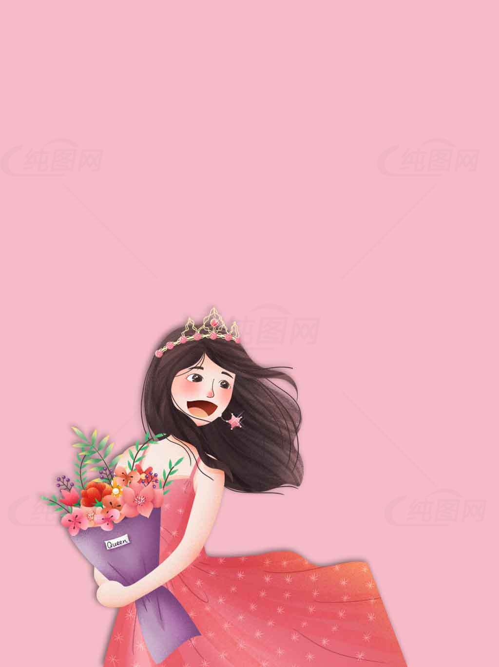 浪漫粉色插画女孩手捧花束素材