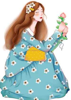 唯美插画少女手捧玫瑰花