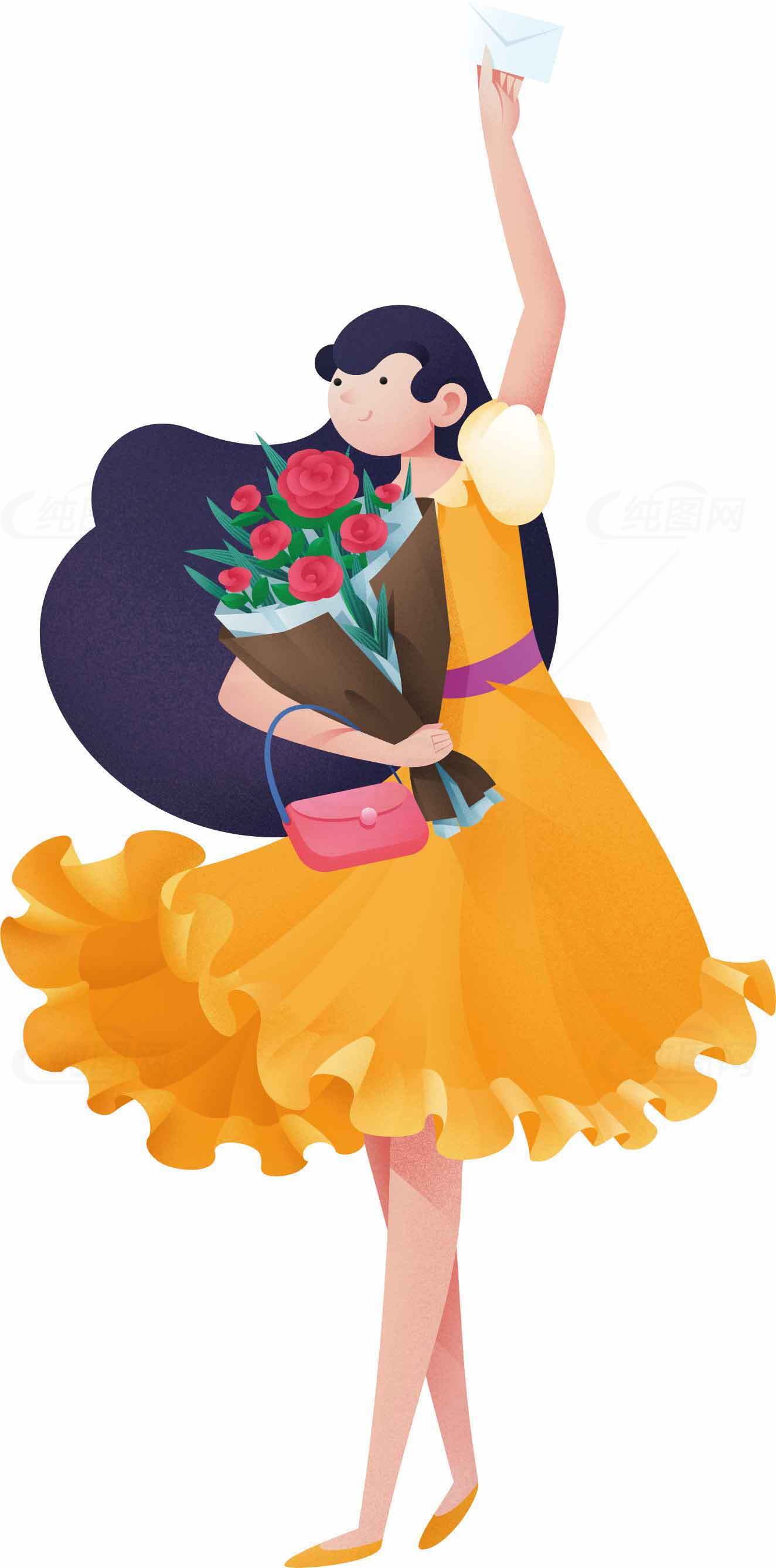 优雅女性手持花束插画设计素材