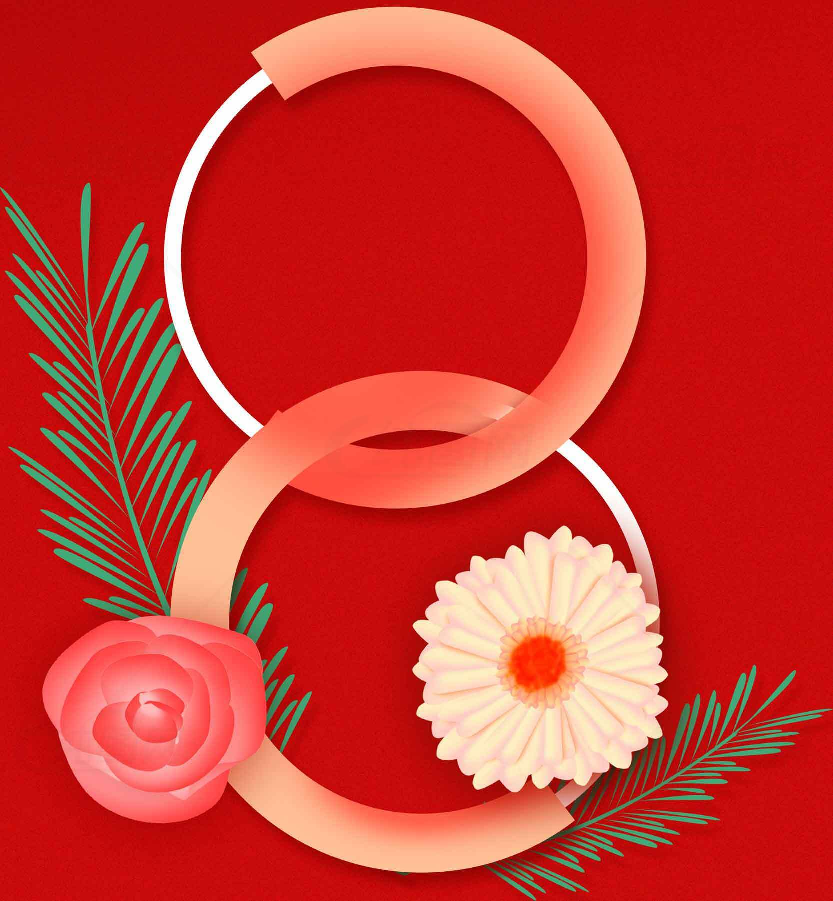 38女神节创意红色设计，数字8与花卉元素结合素材