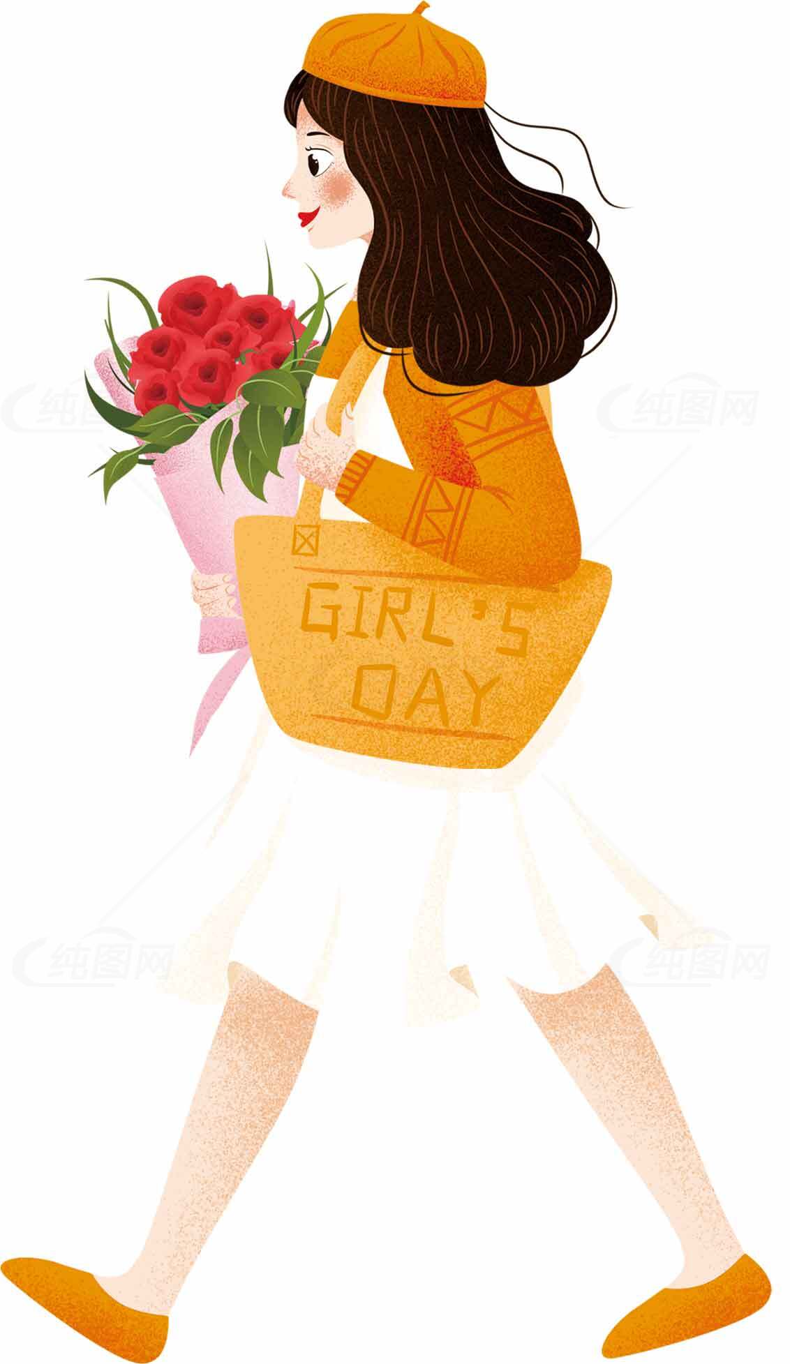 女生节插画设计：手持玫瑰的女孩形象素材