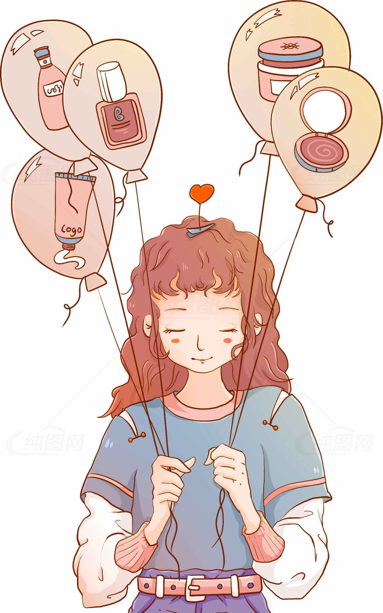 少女与化妆品气球插画图片素材