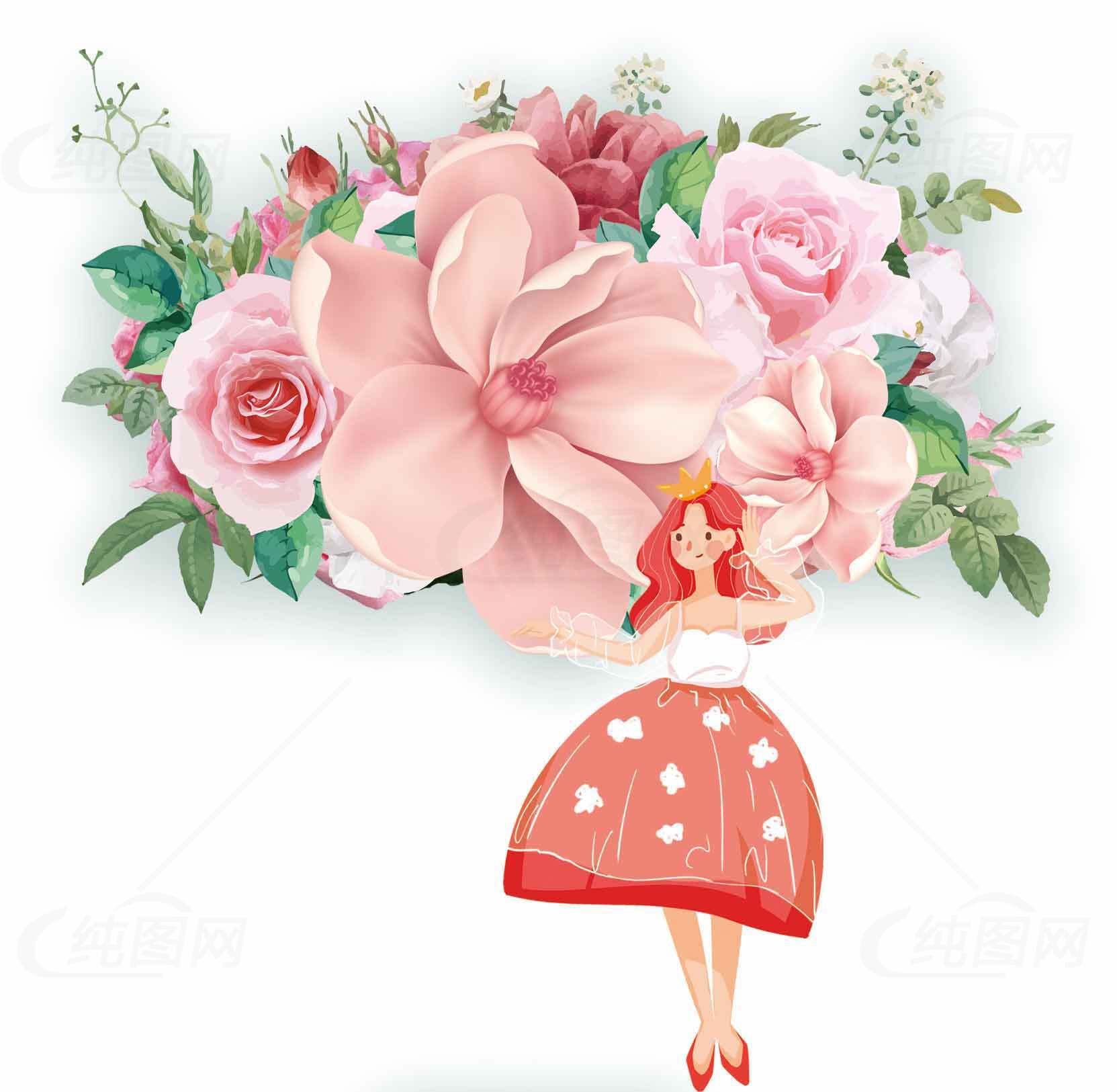 浪漫花卉插画：粉色花朵与优雅女子素材