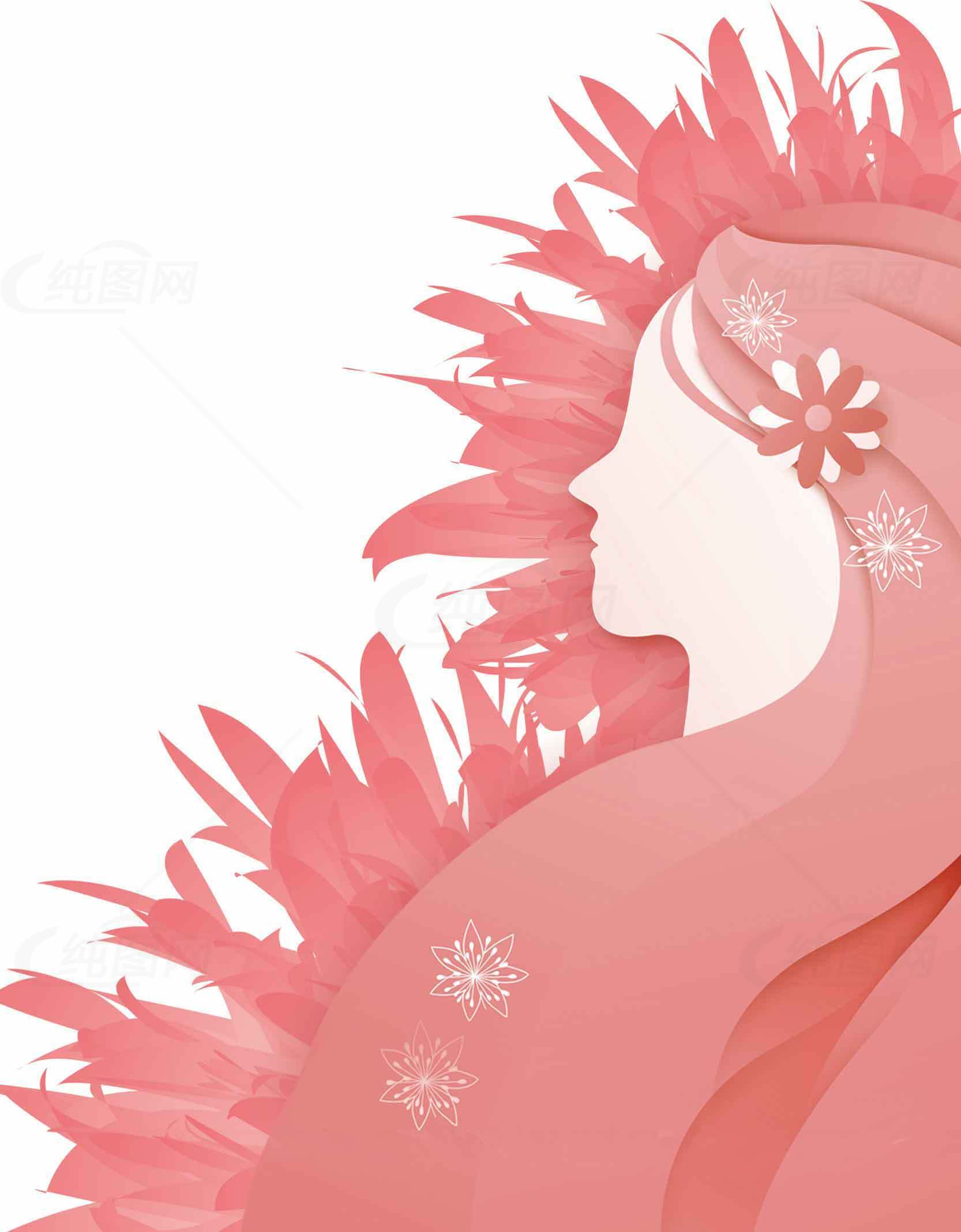 粉色唯美插画少女侧脸设计素材