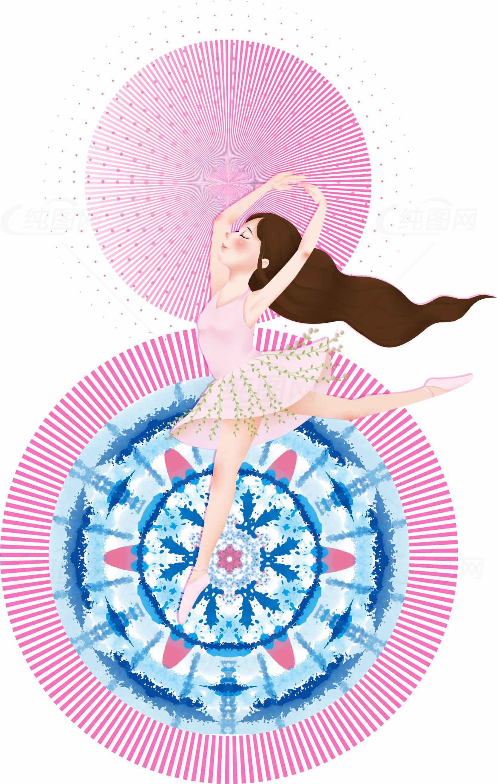 梦幻几何艺术背景与优雅芭蕾舞者素材