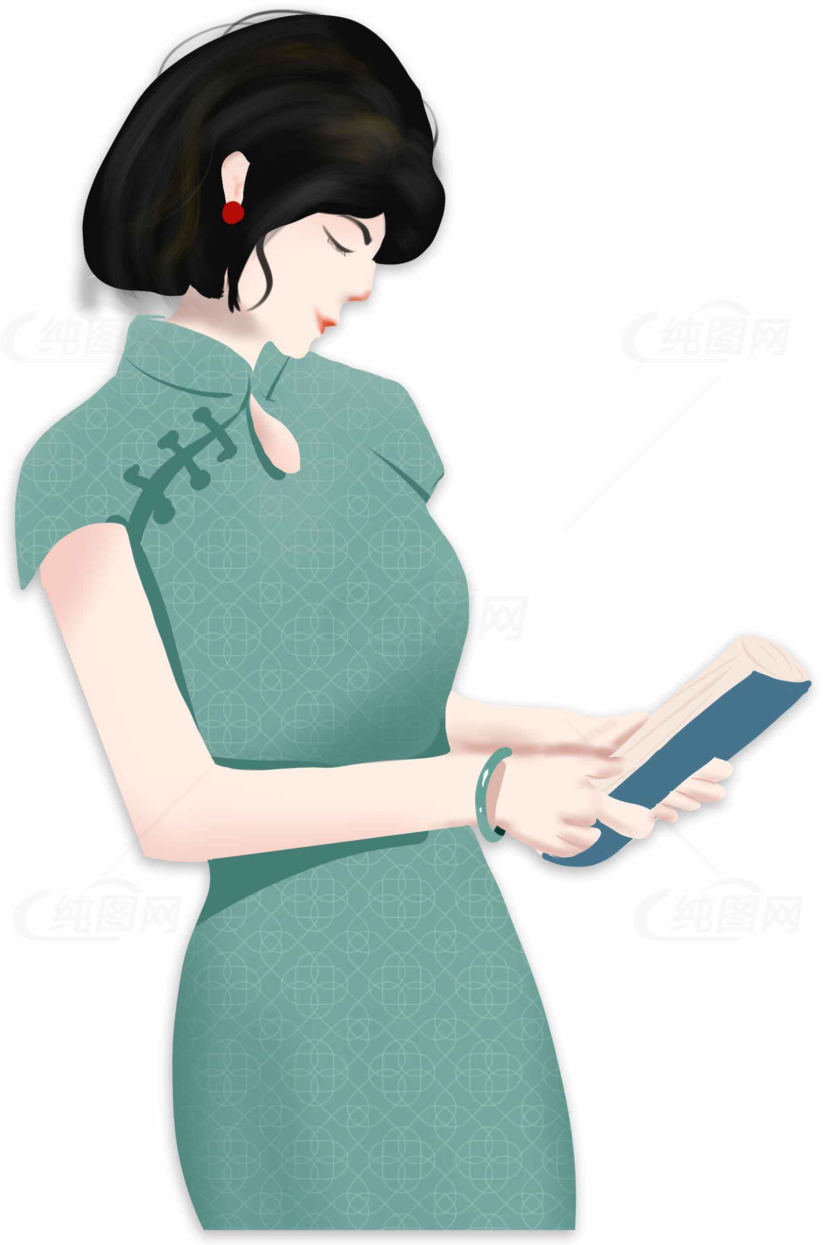 旗袍女子手持书本优雅插画素材