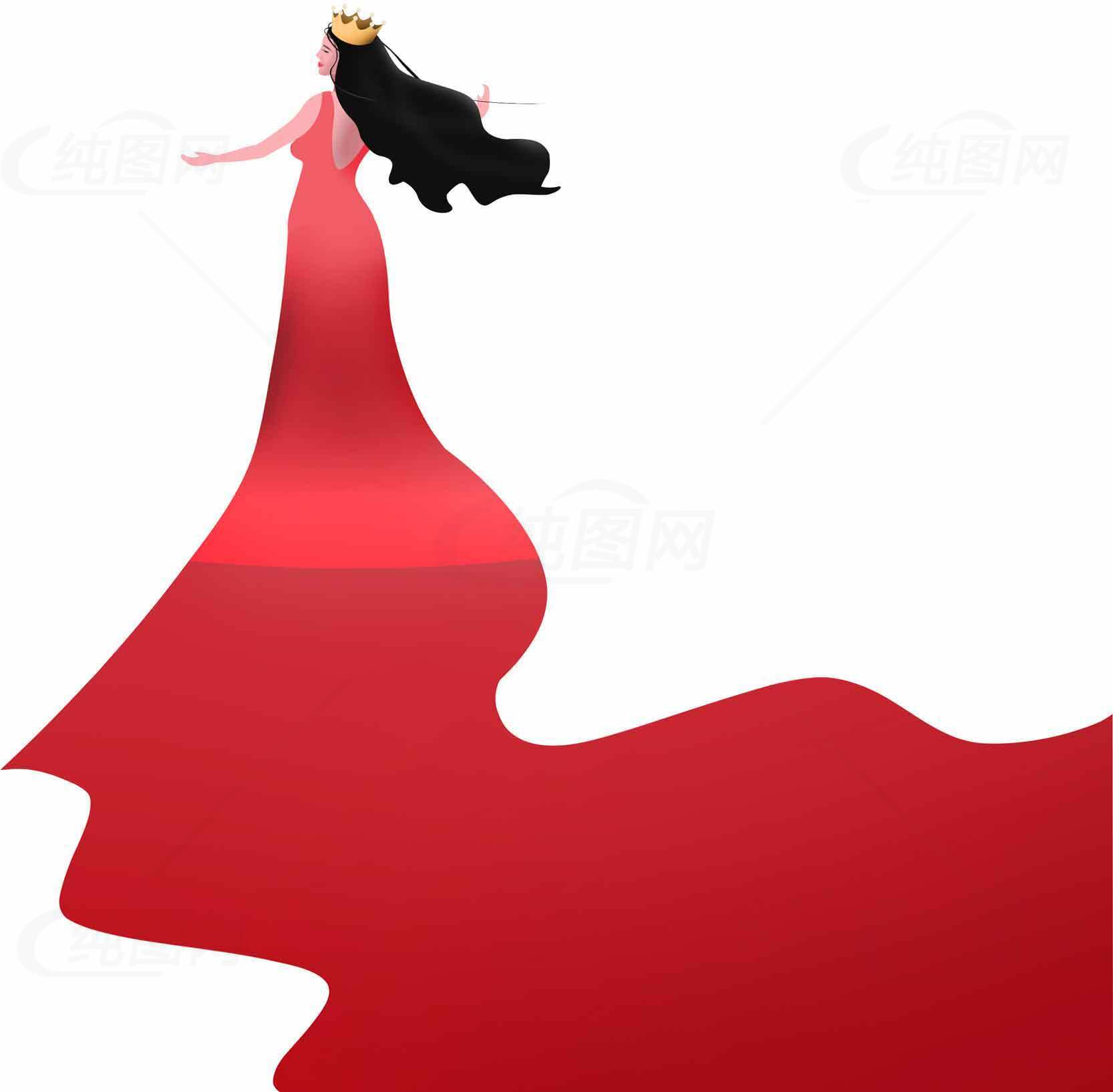 红色长裙与皇冠的优雅女性插画素材