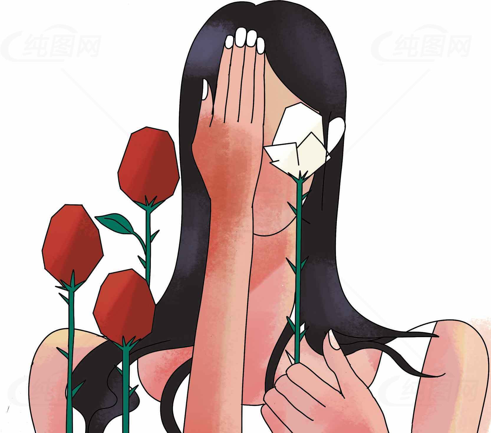 玫瑰与女性主题插画艺术作品素材