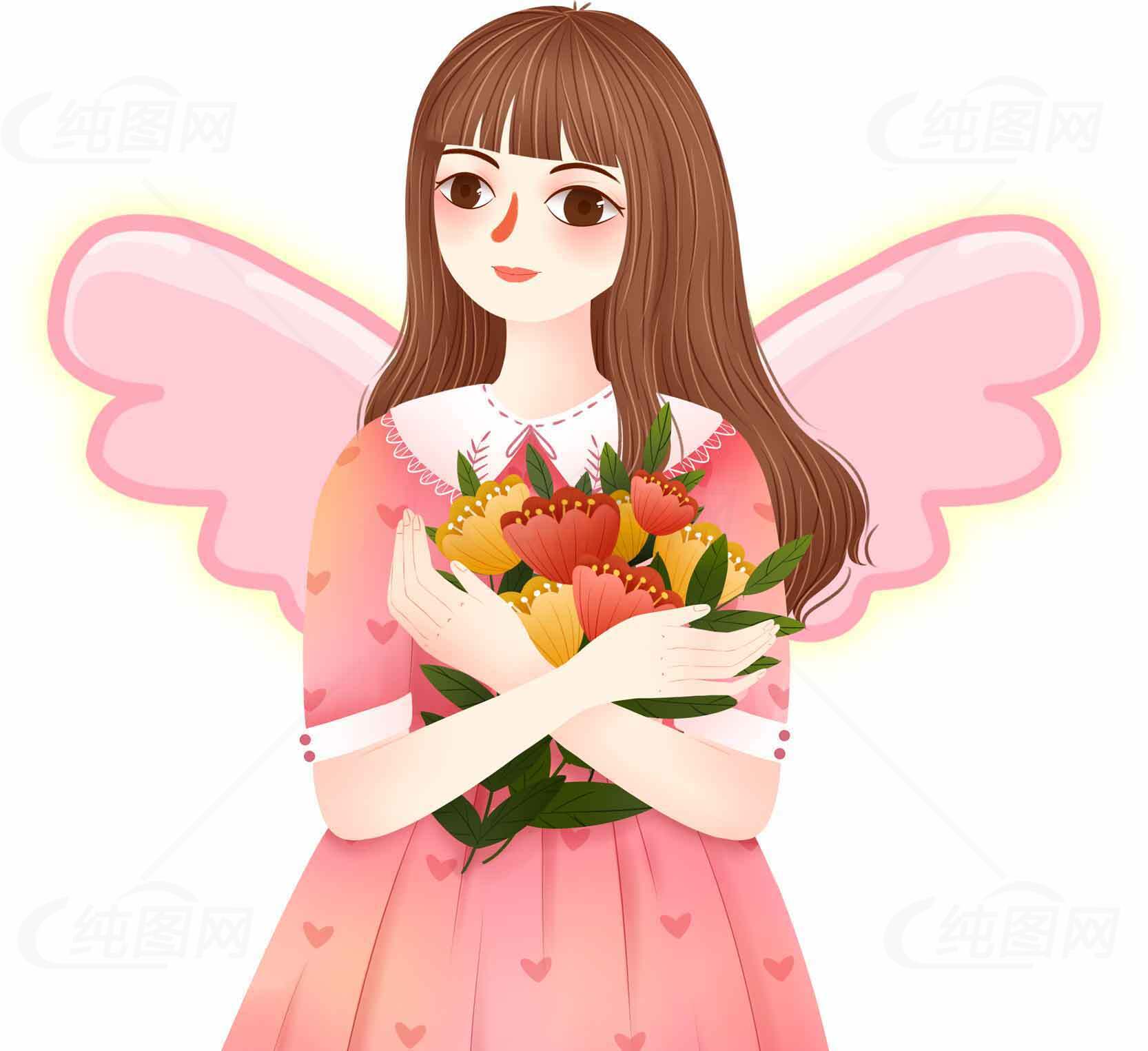 粉色天使女孩手捧花束插画素材