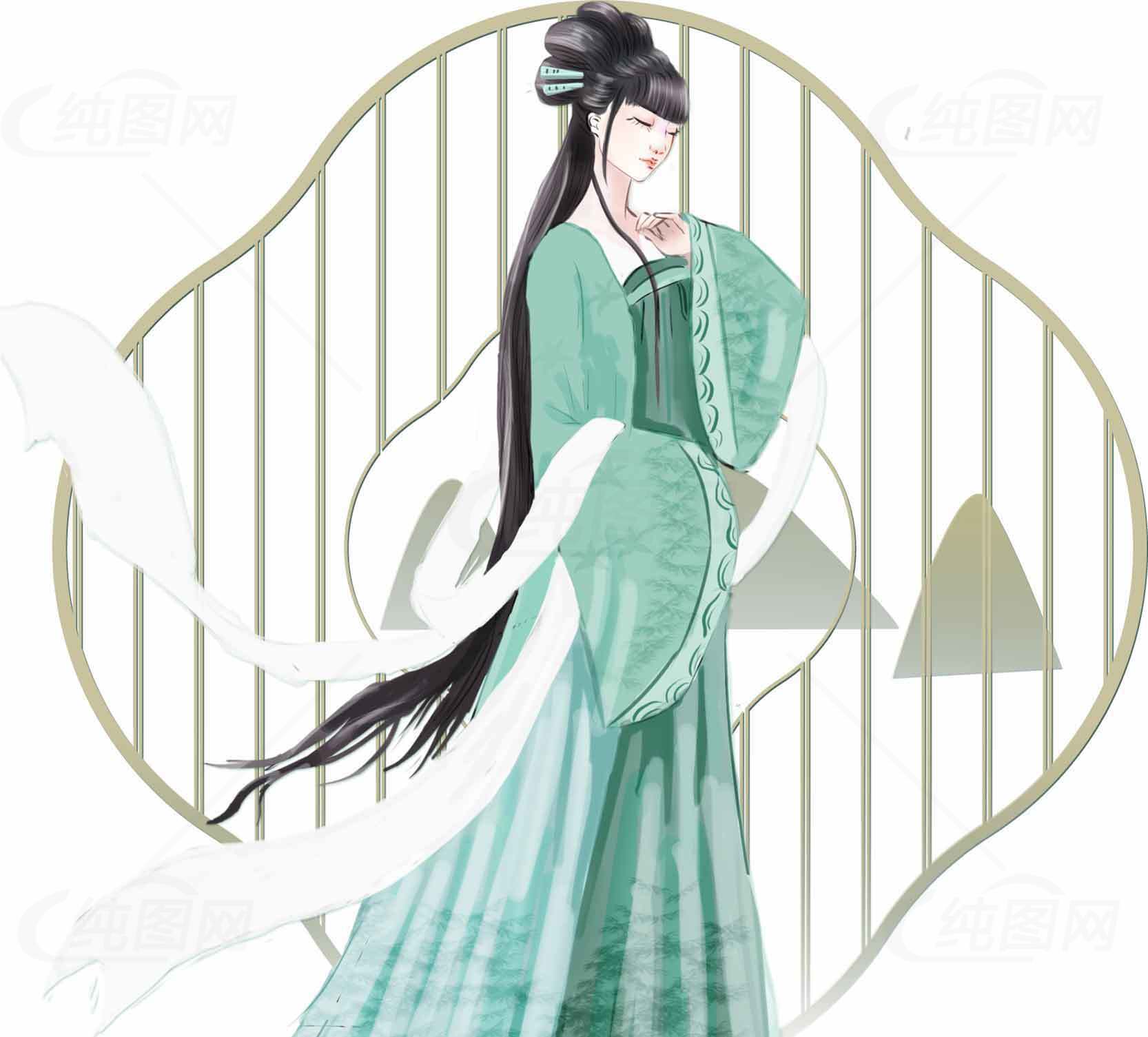 古风女子插画：优雅绿衣与长发飘逸素材