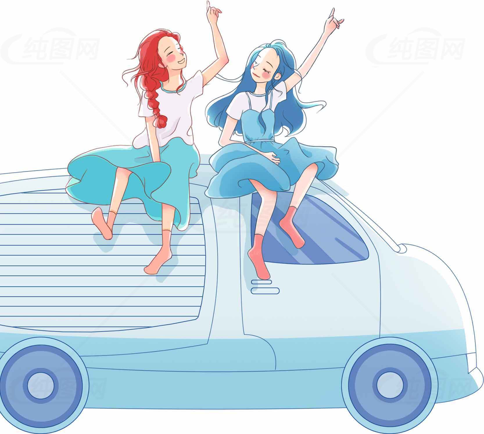 卡通风格女孩与货车的夏日旅行插画素材