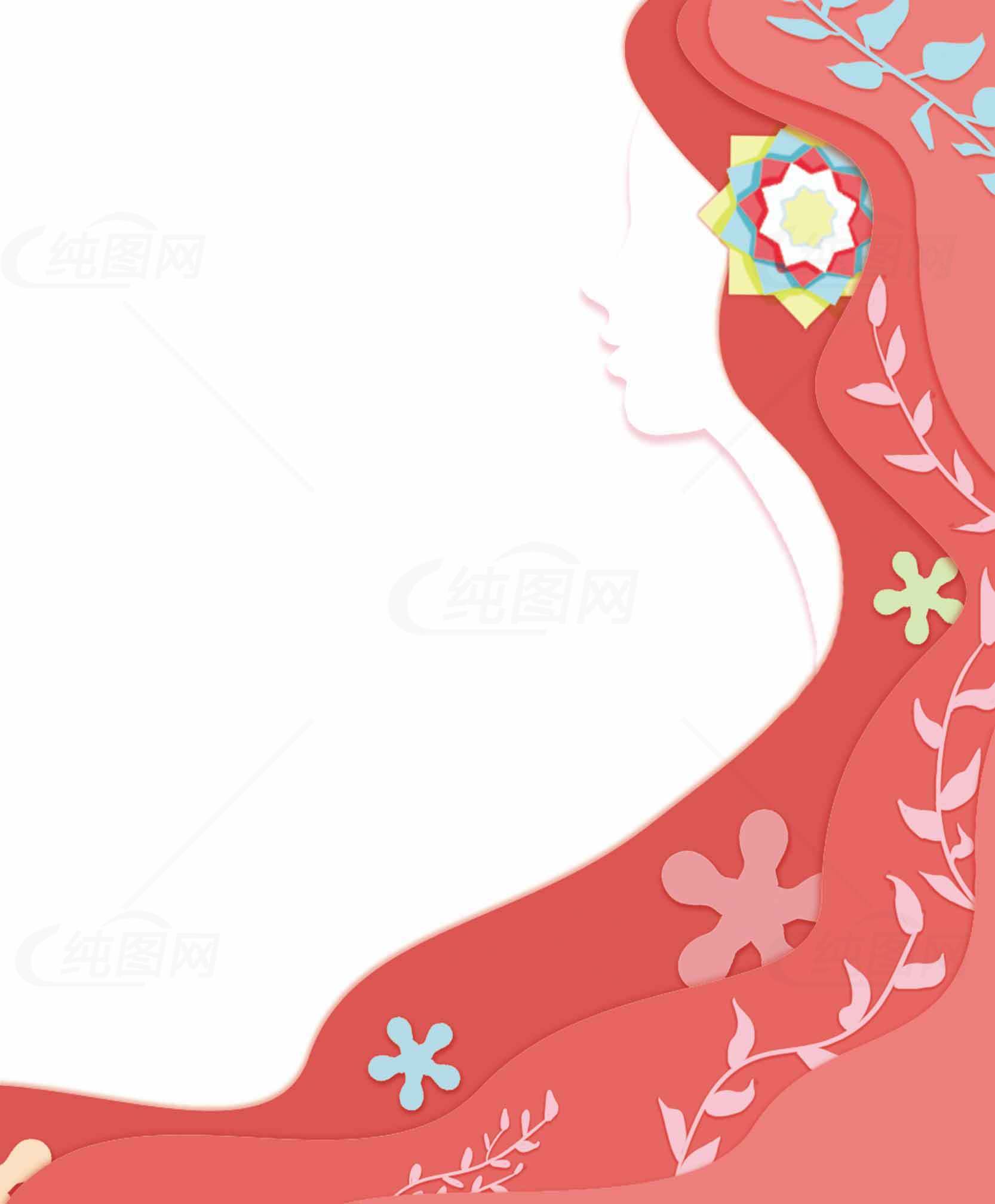 简约风格女性插画：红色长发与花卉装饰素材