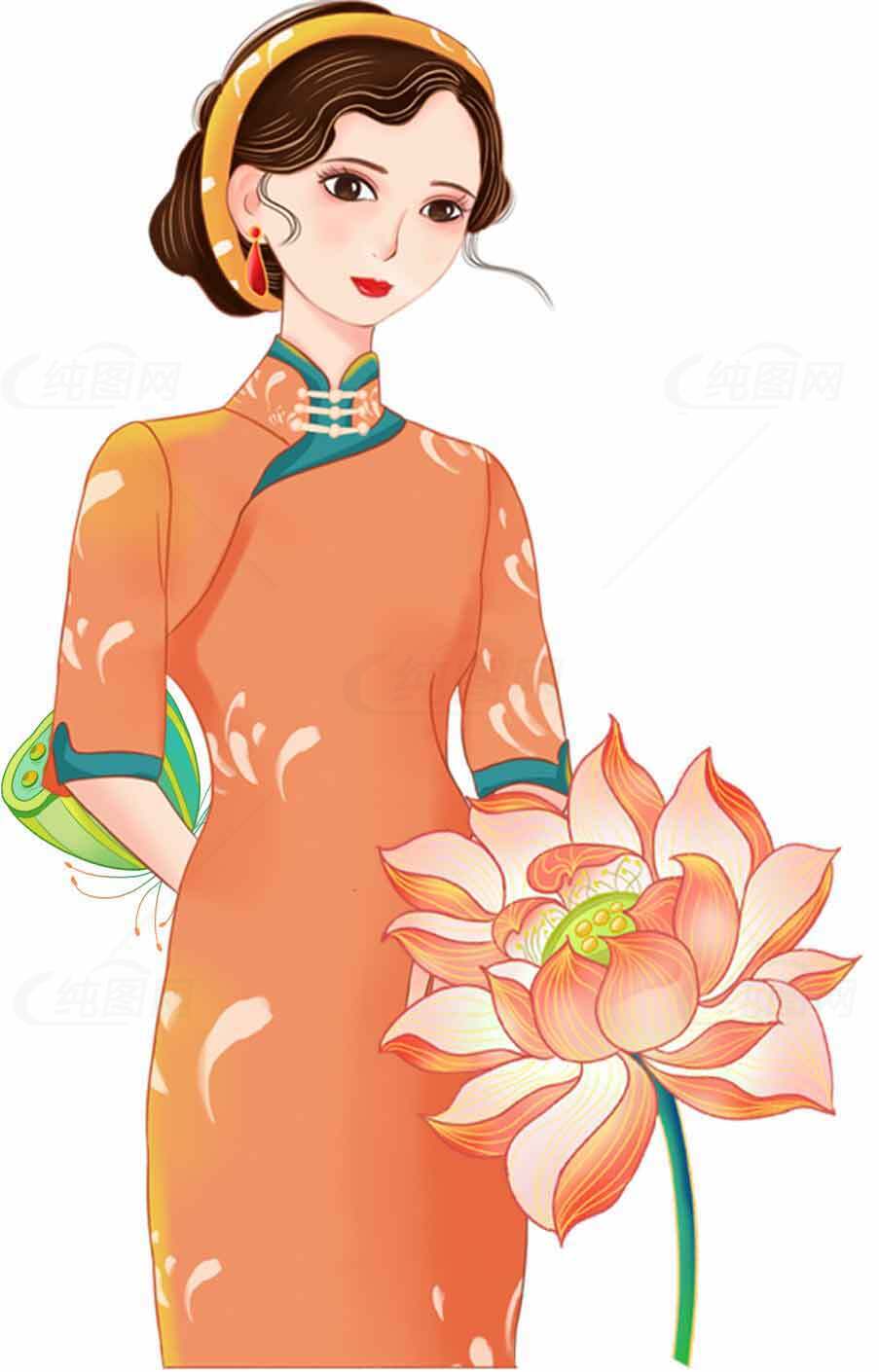 传统旗袍与莲花插画设计素材