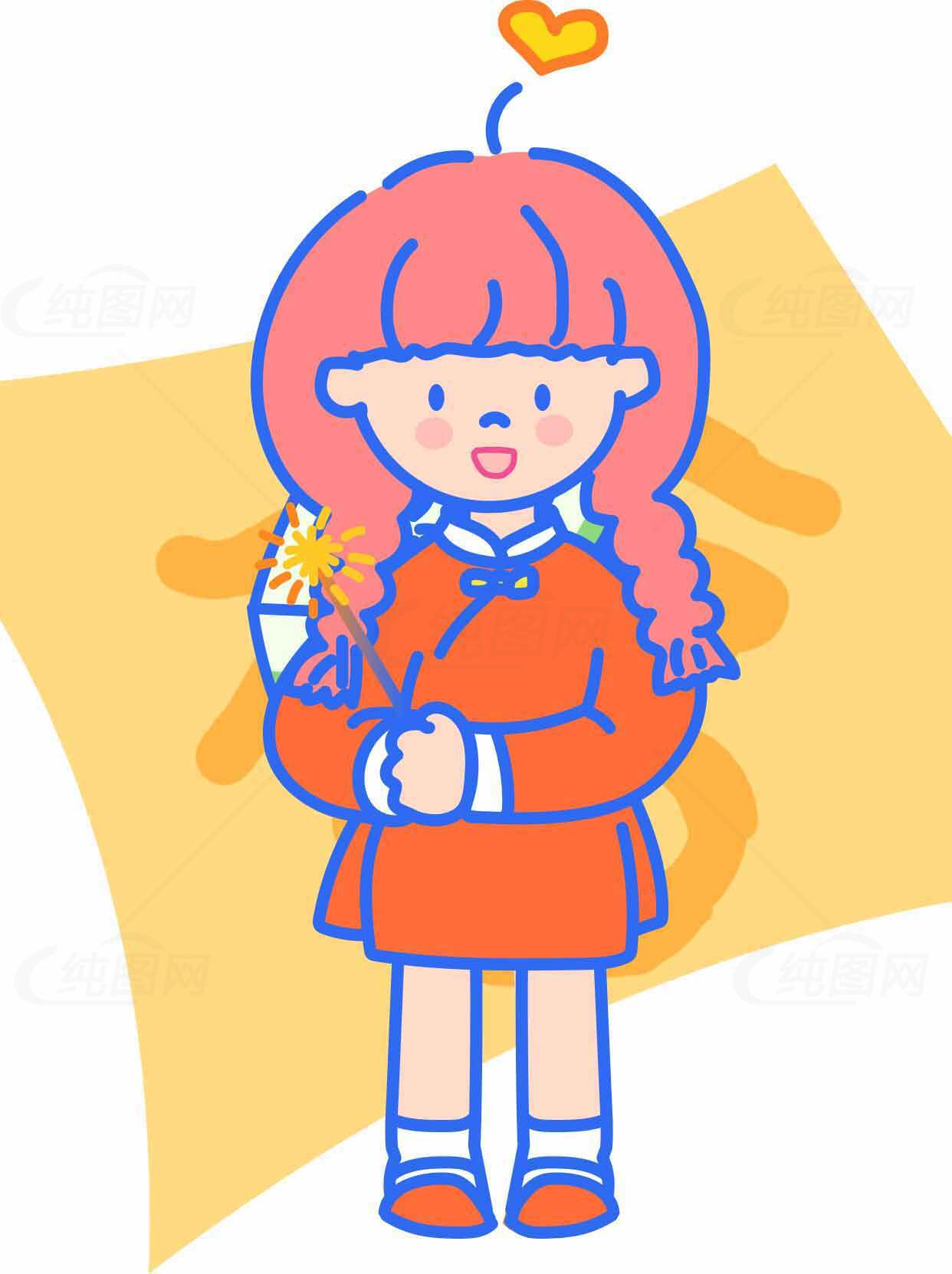 可爱卡通女孩插画：温暖橙色主题设计素材