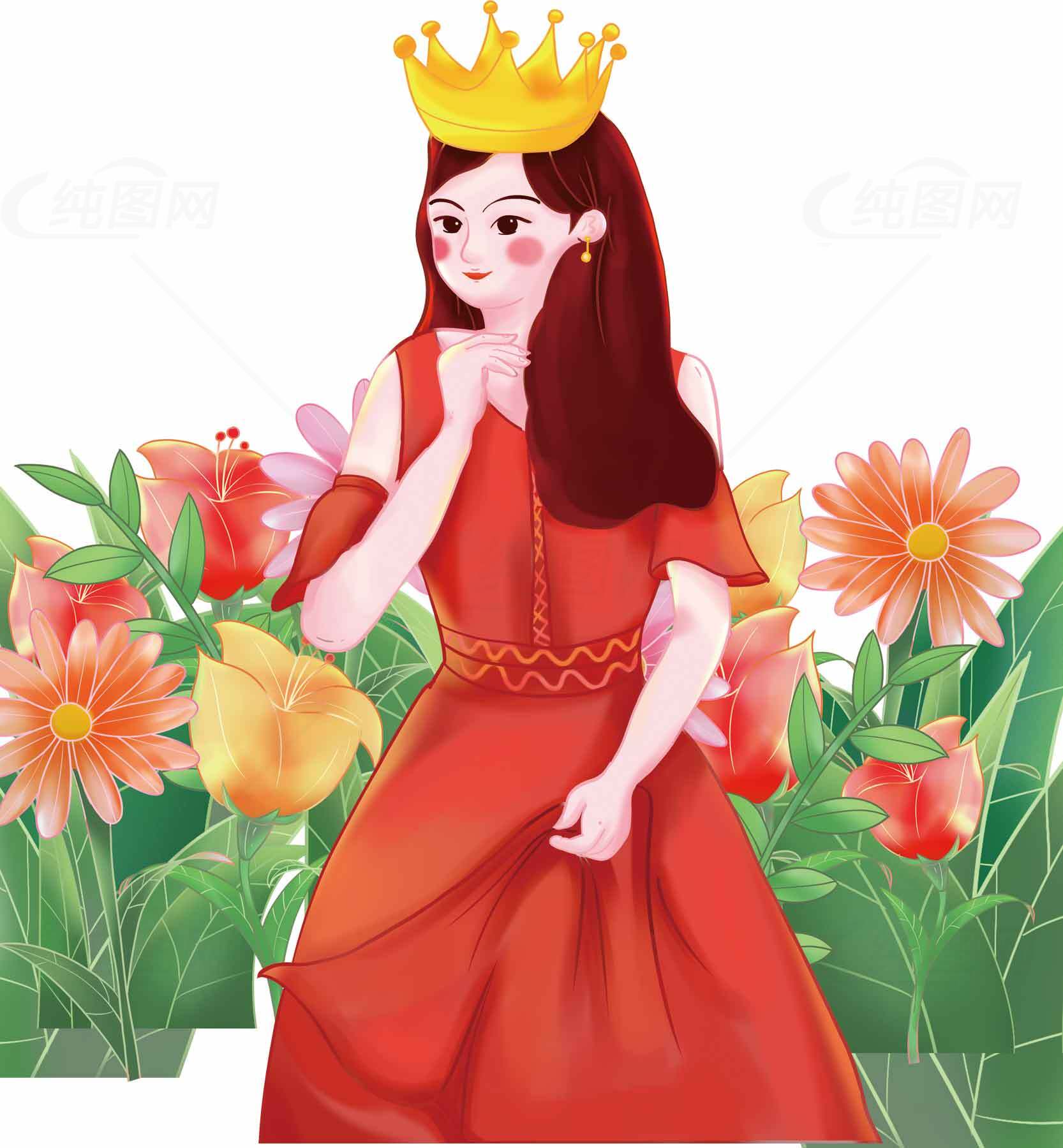 红色礼服与花丛中的皇冠女孩插画素材