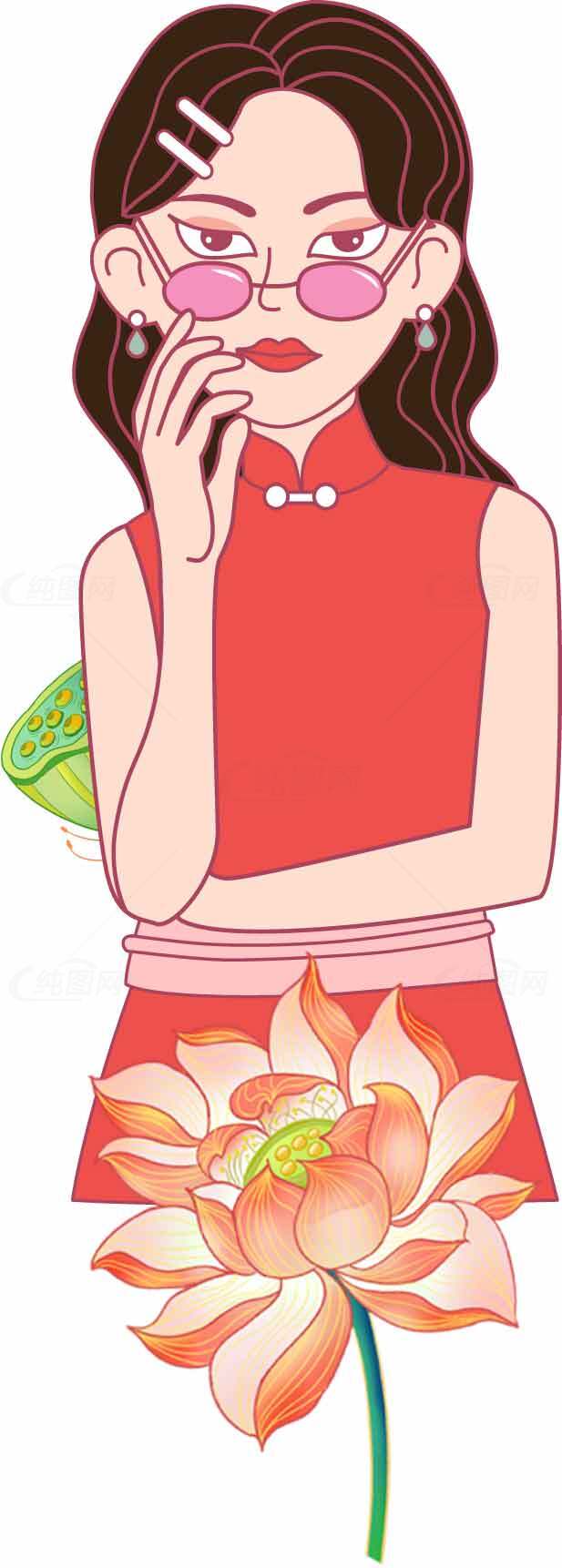传统旗袍女子与荷花插画设计素材