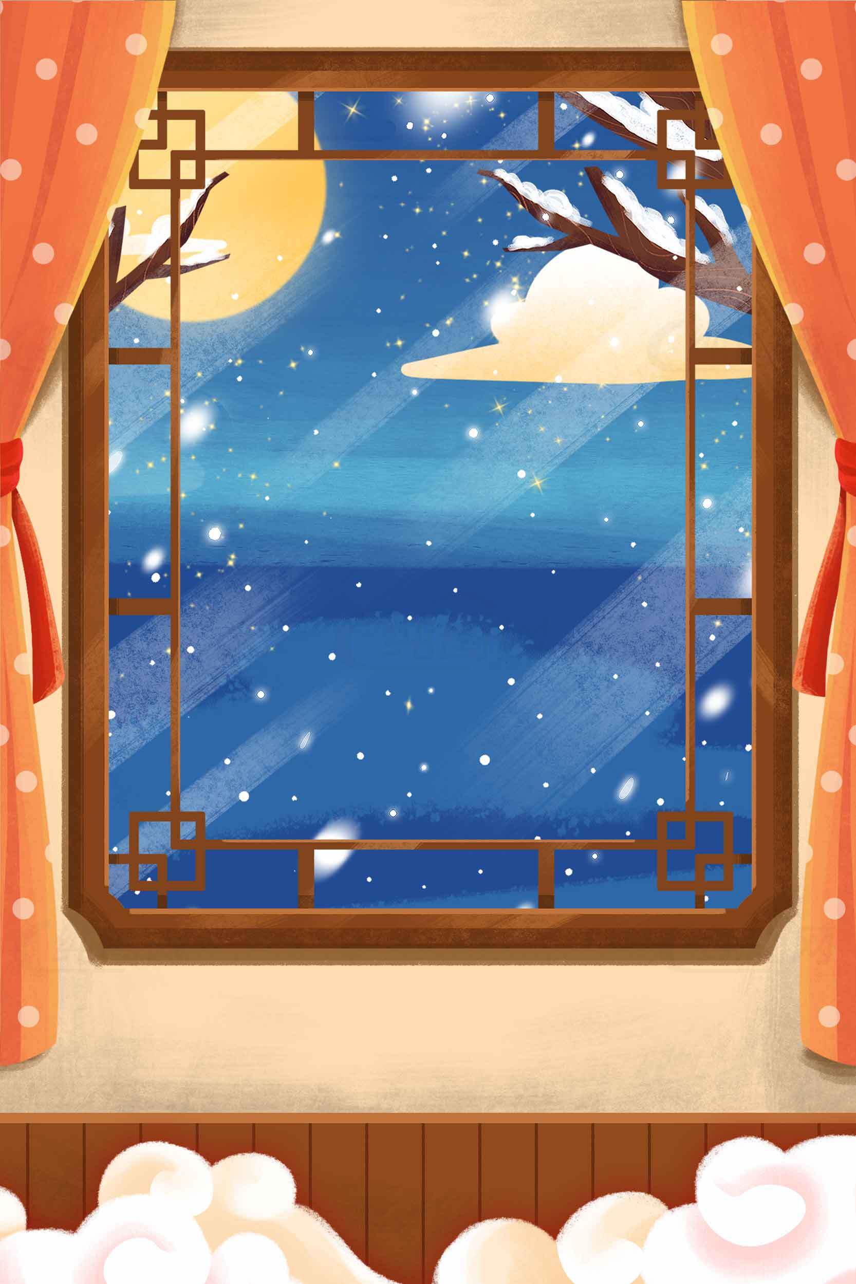 冬日窗外雪景插画 | 温馨室内与雪夜风光素材