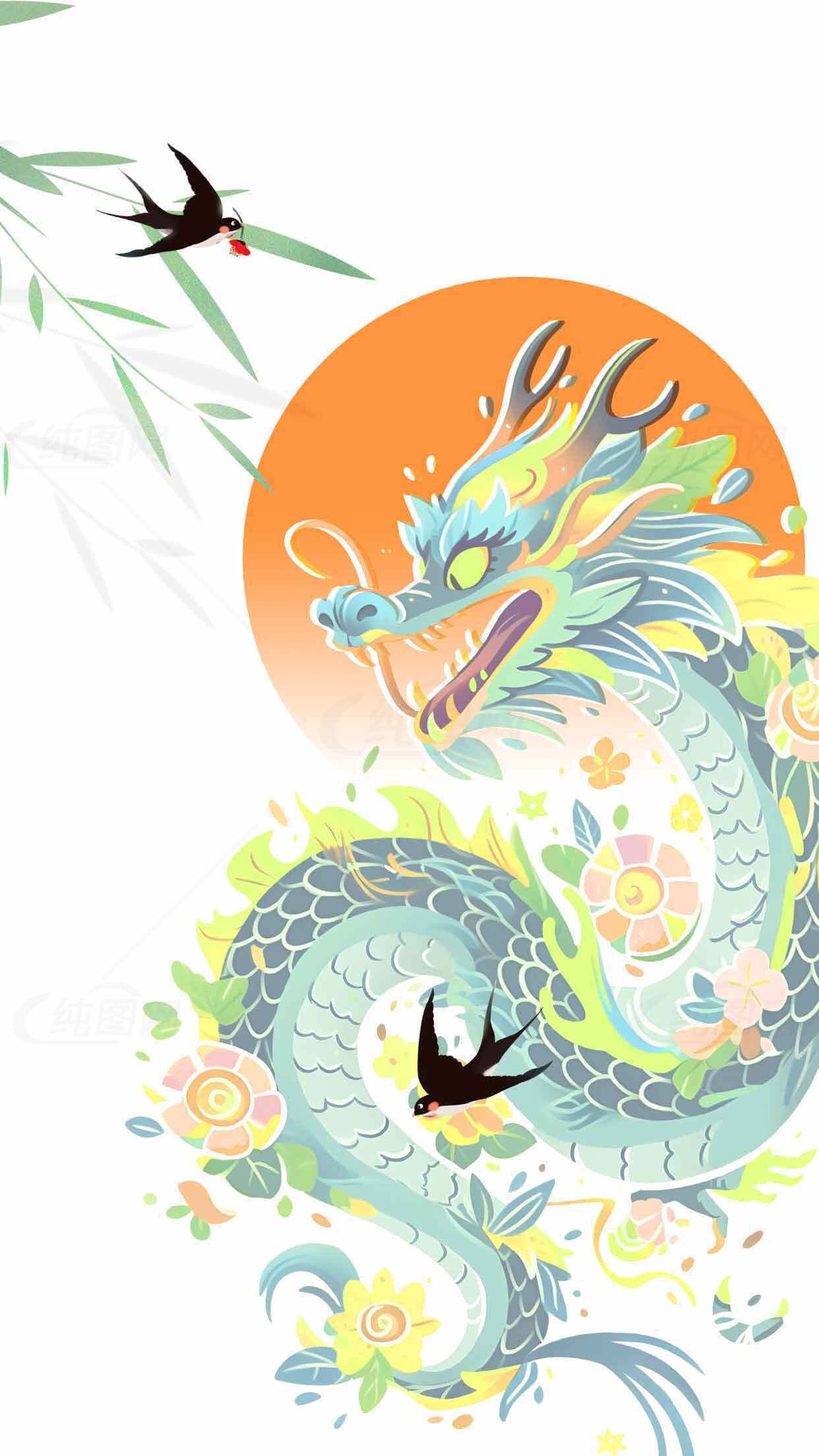 中国传统龙与燕子插画设计素材