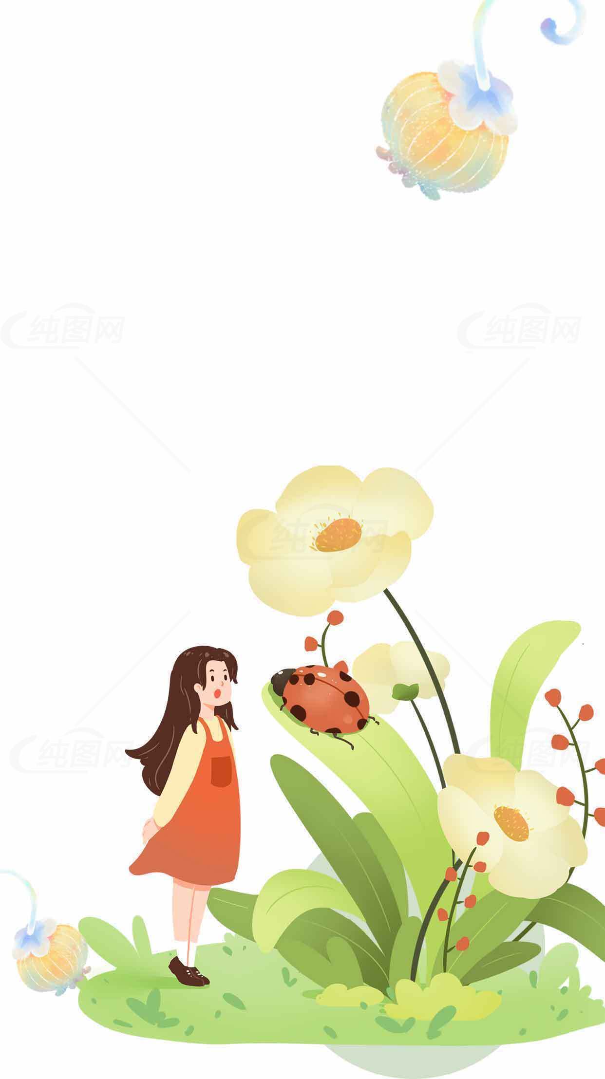 童趣插画：女孩与瓢虫的自然邂逅