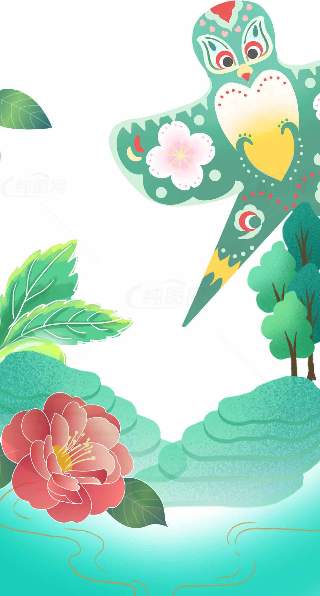 中国传统艺术插画：绿色鸟与自然景观素材