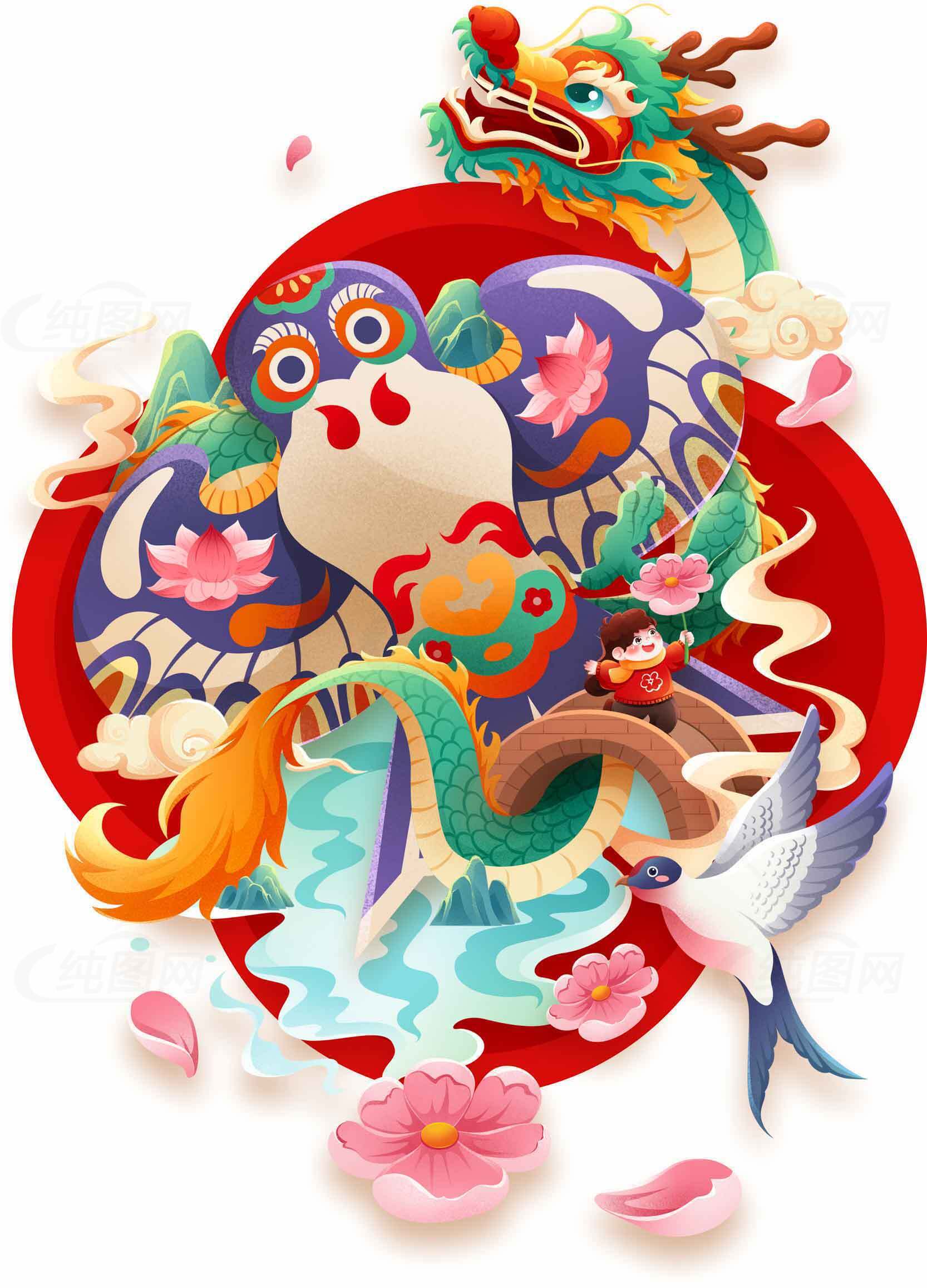 中国传统文化插画：龙与凤凰的艺术设计素材