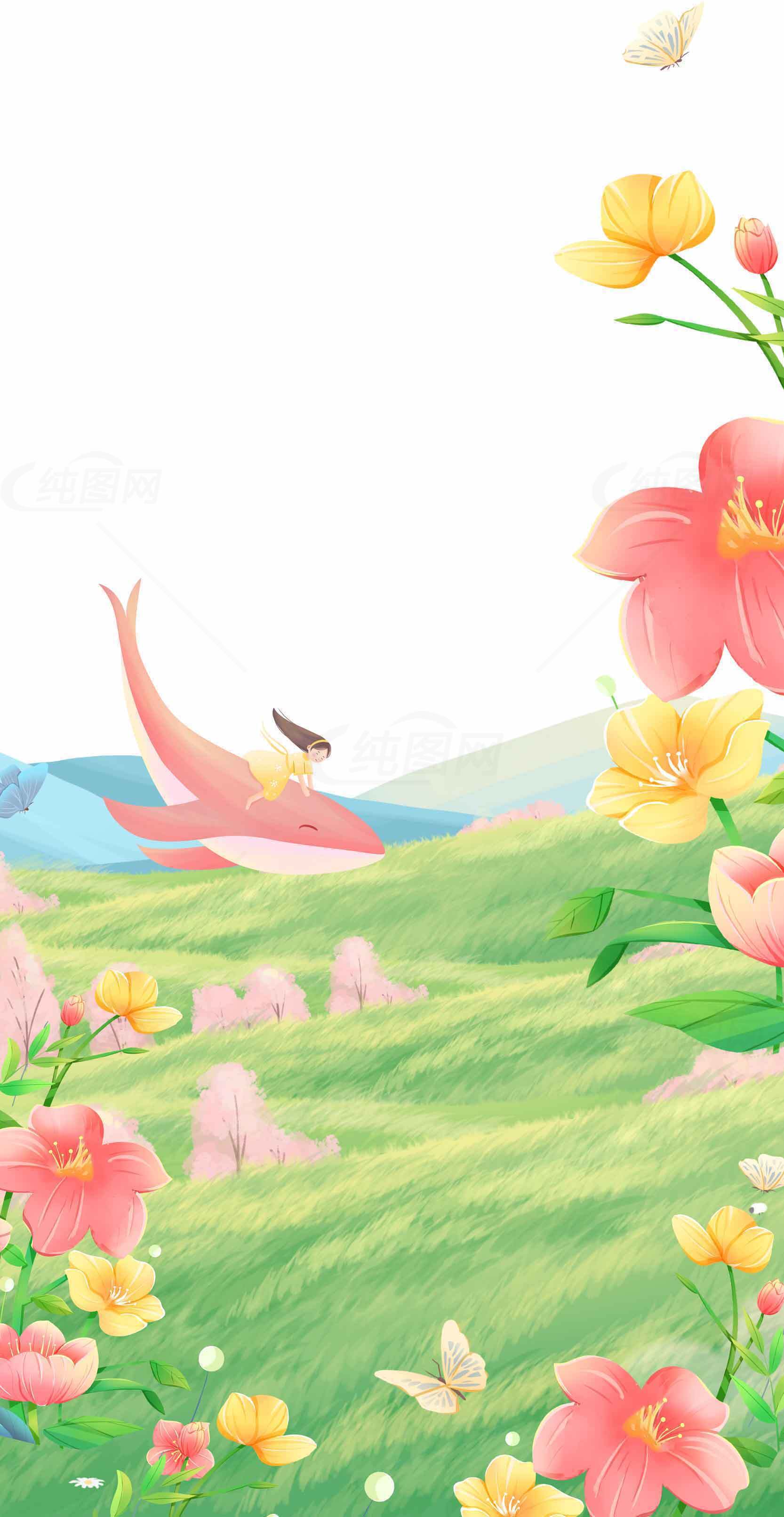 唯美插画：女孩与粉色鲸鱼的梦幻旅程素材