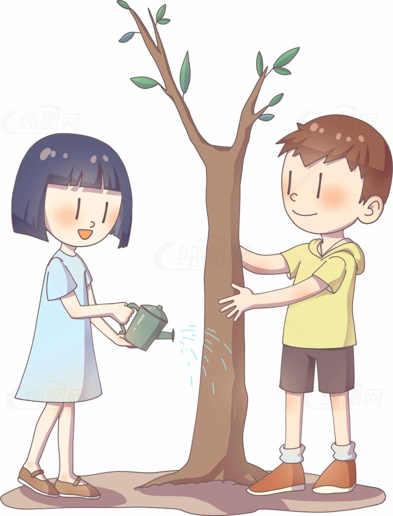 儿童环保主题插画：浇水与保护树木素材