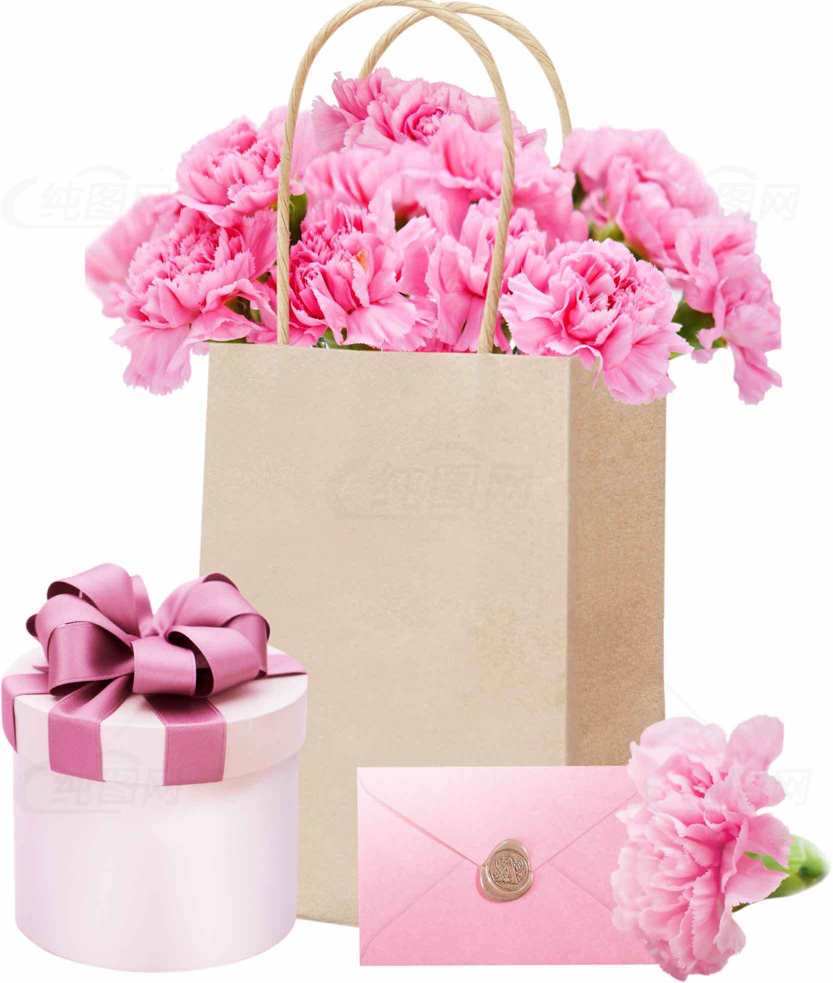 粉色花卉礼品袋与礼物盒和信封的浪漫组合素材